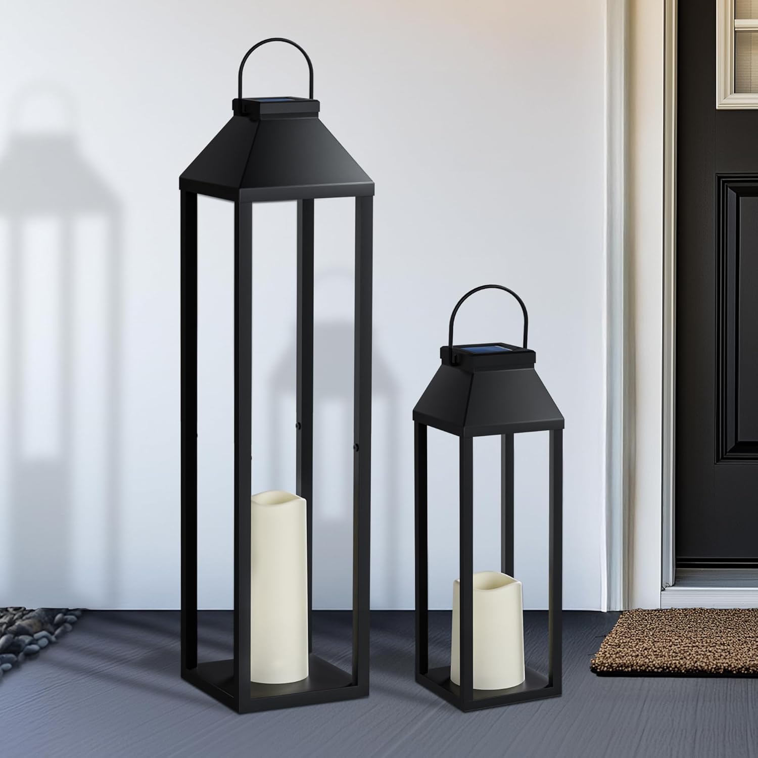 large outdoor solar lanterns waterproof, tall black decorative lanterns solar lights outdoor for front porch decor, outdoor patio, garden,balcony,porch, christmas, 25",13"-set of 2