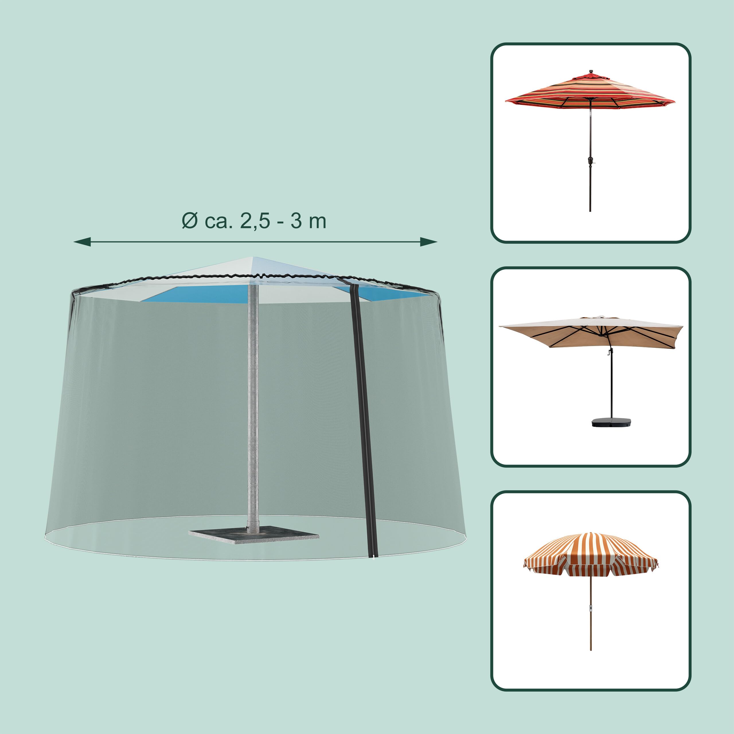 Relaxdays Moustiquaire Parasol, 250-300 cm, extérieure, Mailles serrées, Ajustable, Protection Contre Insectes, Noir