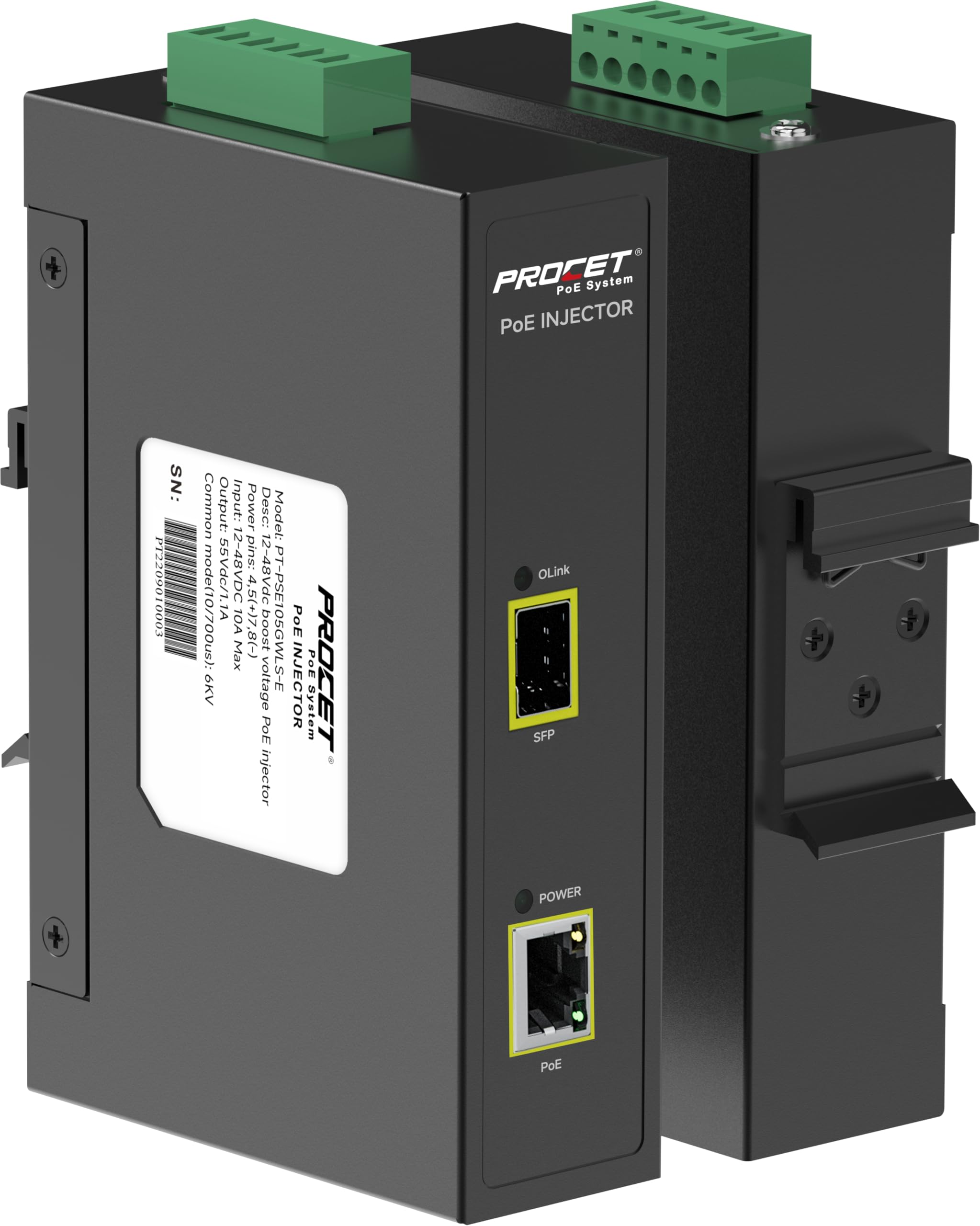 PROCET SFP Fiber PoE Injecteur DIN Rail IEEE802.3bt 60W Industrial Gigabit SFP/Uplink PoE++ Injecteur de puissance pour caméra IP, point d'accès, POS, kiosques