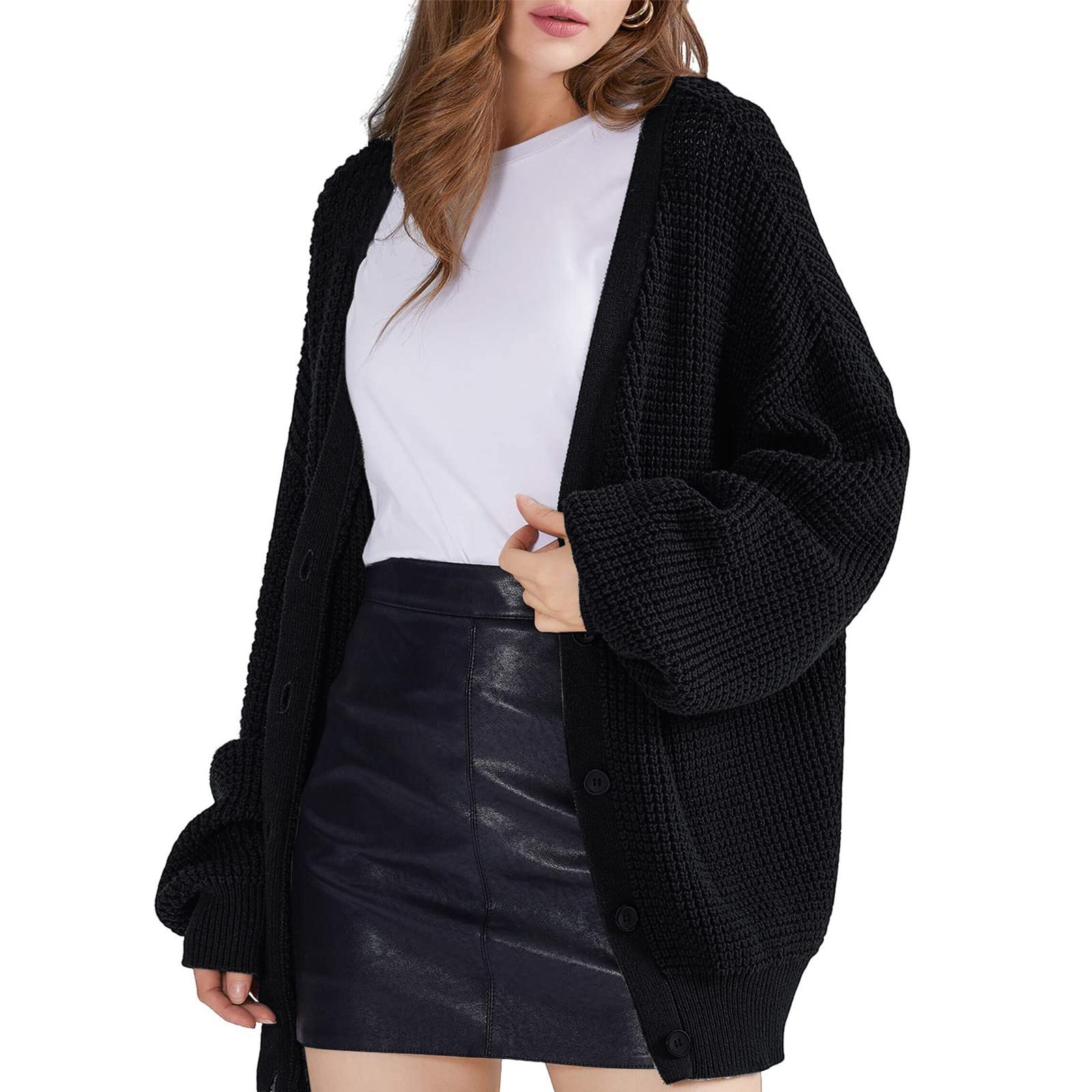 Cardigan Mi Long Mujer Chic Y Elegant - Chaleco de punto de manga larga para mujer | 2026 Nuevo suéter colorido versátil chaleco con botón chaqueta casual grande chaqueta de punto grande suéter