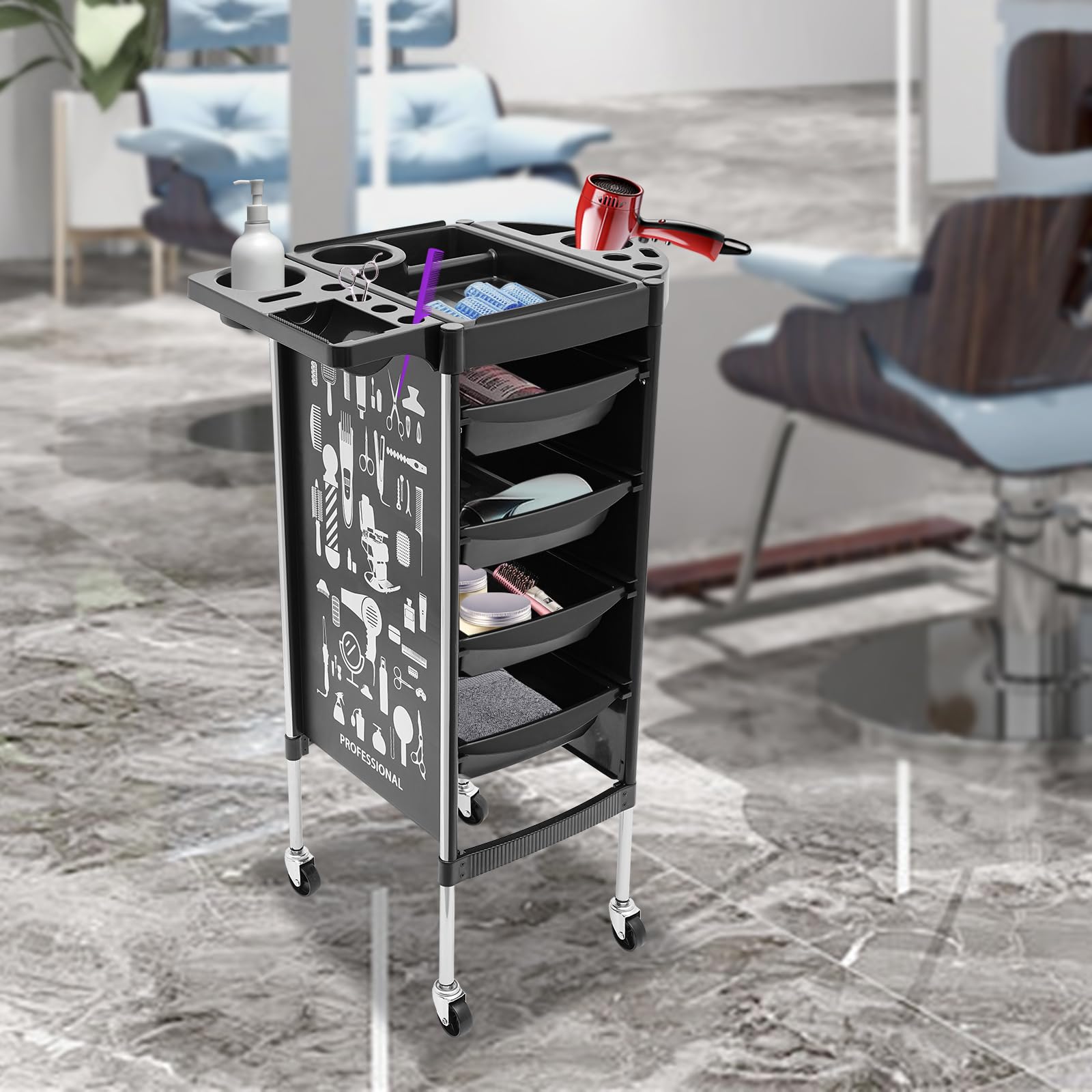 Chariot de coiffure, de salon, de maquillage, avec 4 tiroirs coulissants, pour salons de beauté, barbiers, hôpitaux