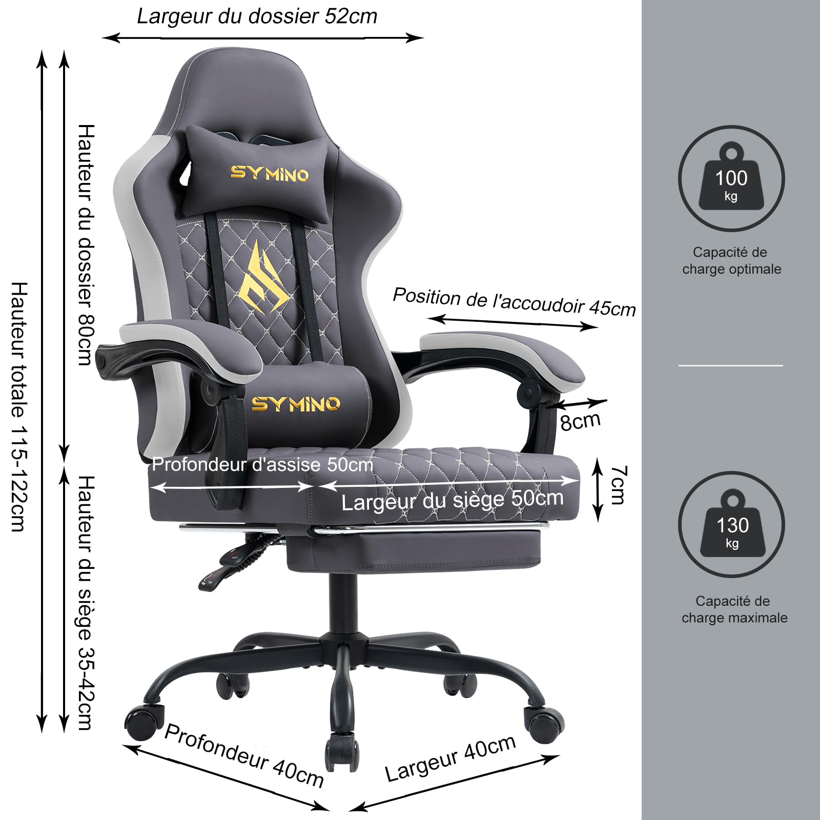 Symino Silla Gaming Ergonómica con Asiento de Espuma Alta Densidad – 150 kg, Reclinable con Soporte Lumbar, Reposabrazos Ergonómicos, Giratoria 360° para Oficina y Escritorio