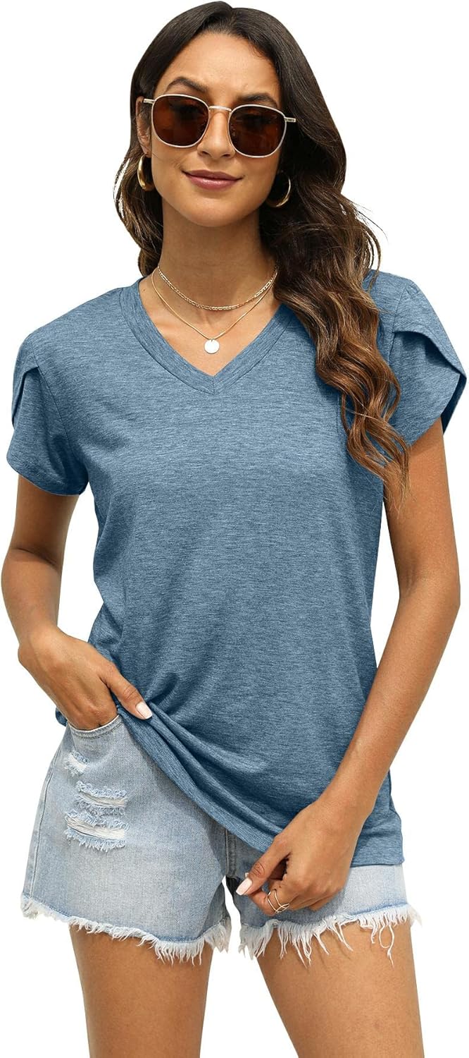 NANYUAYA Womens Casual Summer Tops 2023 V Neck Petal Sleeve Blouse T-Shirts X-Large Light Blue