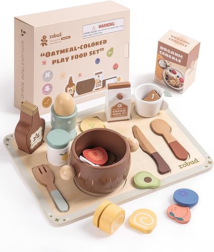 ROBUD Juego de comida de madera de 31 piezas para niños, juguetes de cocina Montessori de avena de coco, platos educativos con accesorios para niños