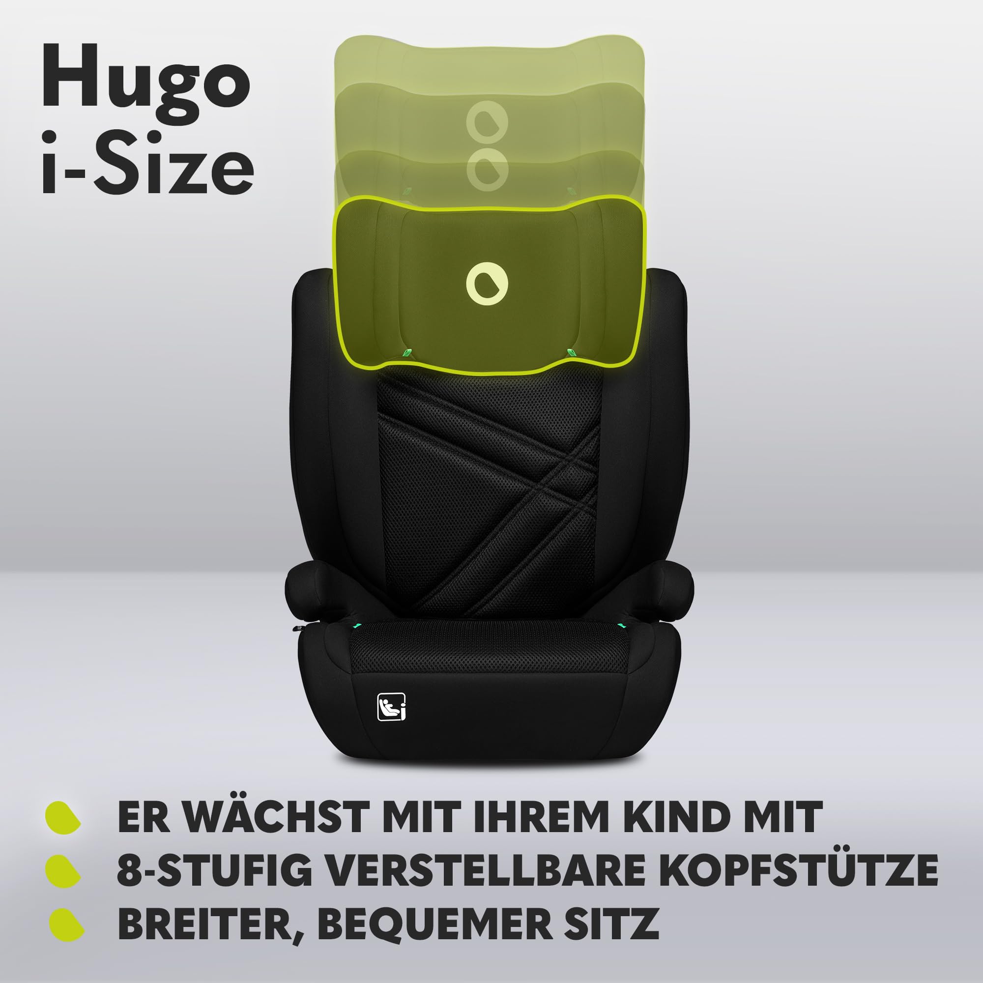 Lionelo Hugo i-Size Kinderautositz Gruppe 2/3, 100–150 cm, 3–12 Jahre, ISOFIX, Seitenaufprallschutz