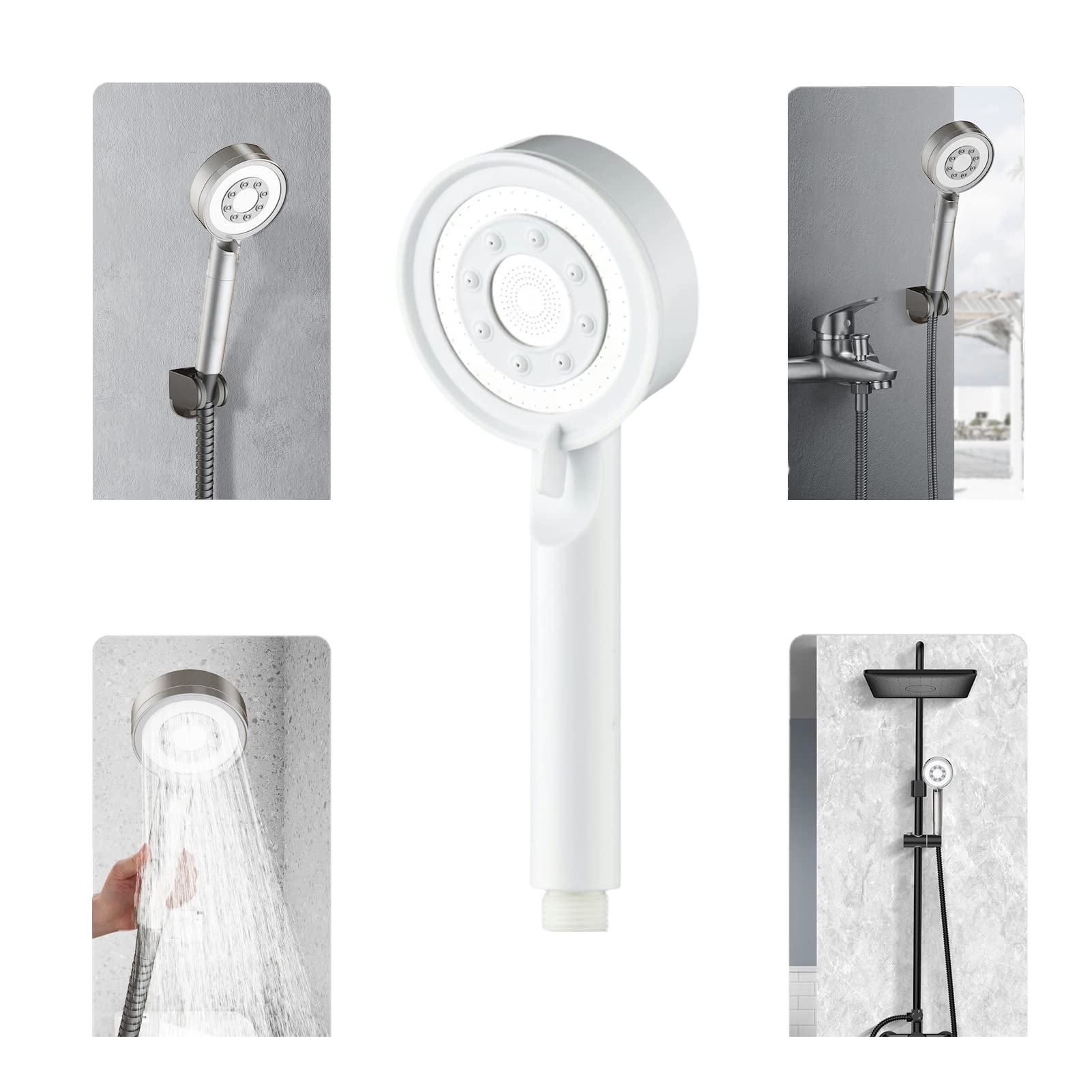 Soffione Doccia, Risparmio Idrico Doccia, 5 modèles de douche, ad alta pressione, Doccia a Pioggia, Universale+ABS, White