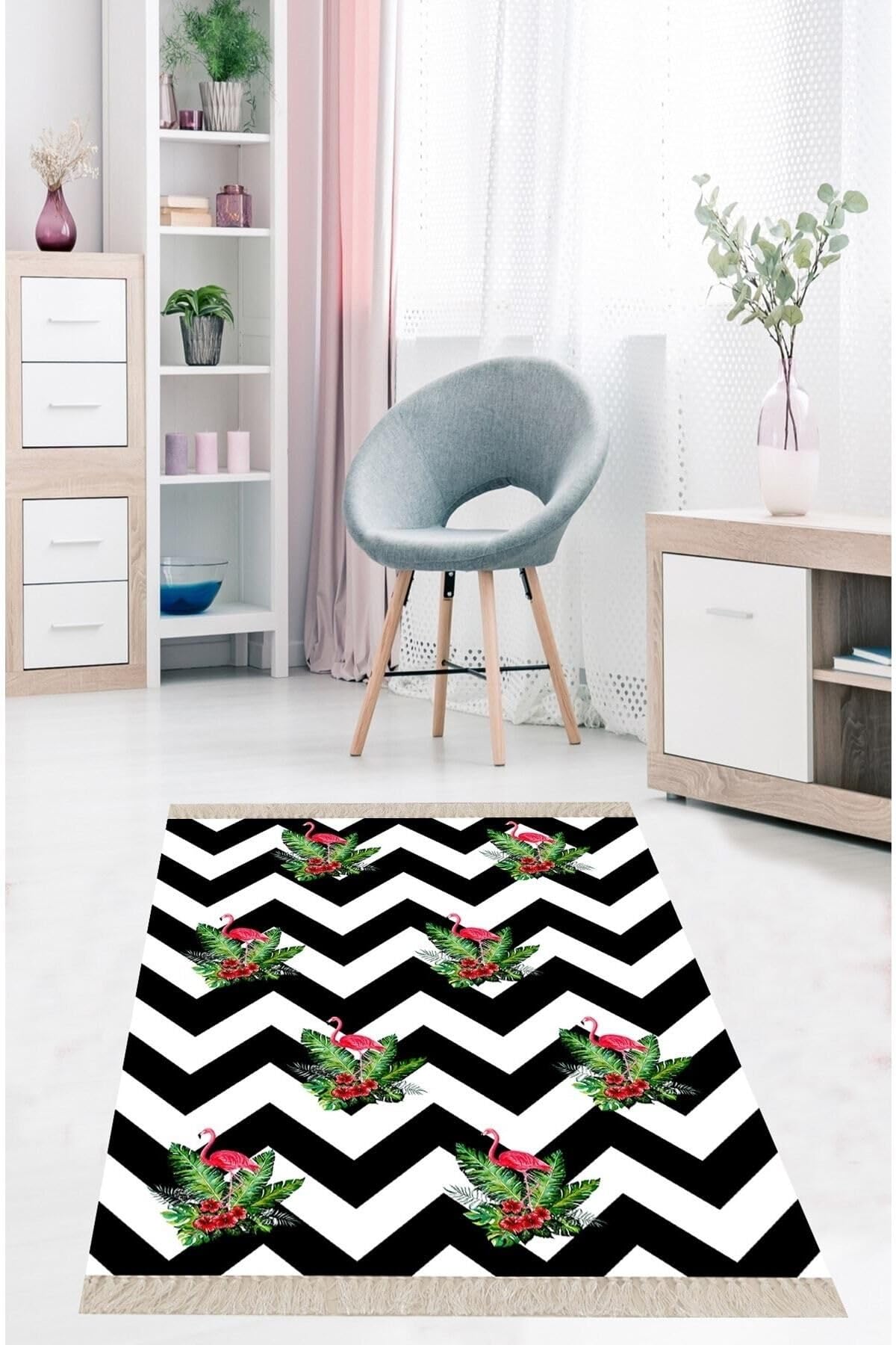 On The Clouds Flamingo Zigzag Desenli Modern Dijital Baskı Yıkanabilir Kaymaz Taban Salon Halı ve Yolluk TYC00696226849, 180 x 300