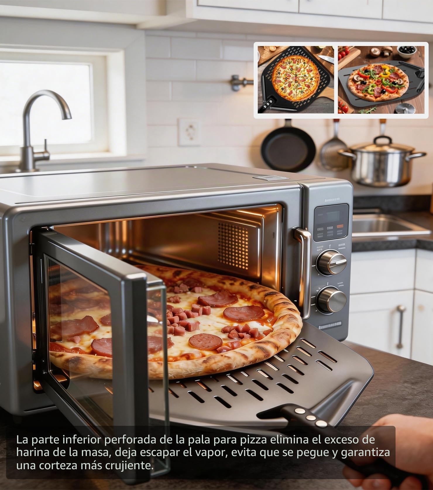 Juego de pala para pizza perforada, pala perforada de aluminio, cómodas asas aisladas térmicamente extraíbles, con espátula para pizza de 7 zoll y 12 zoll, giro para transportar pizza