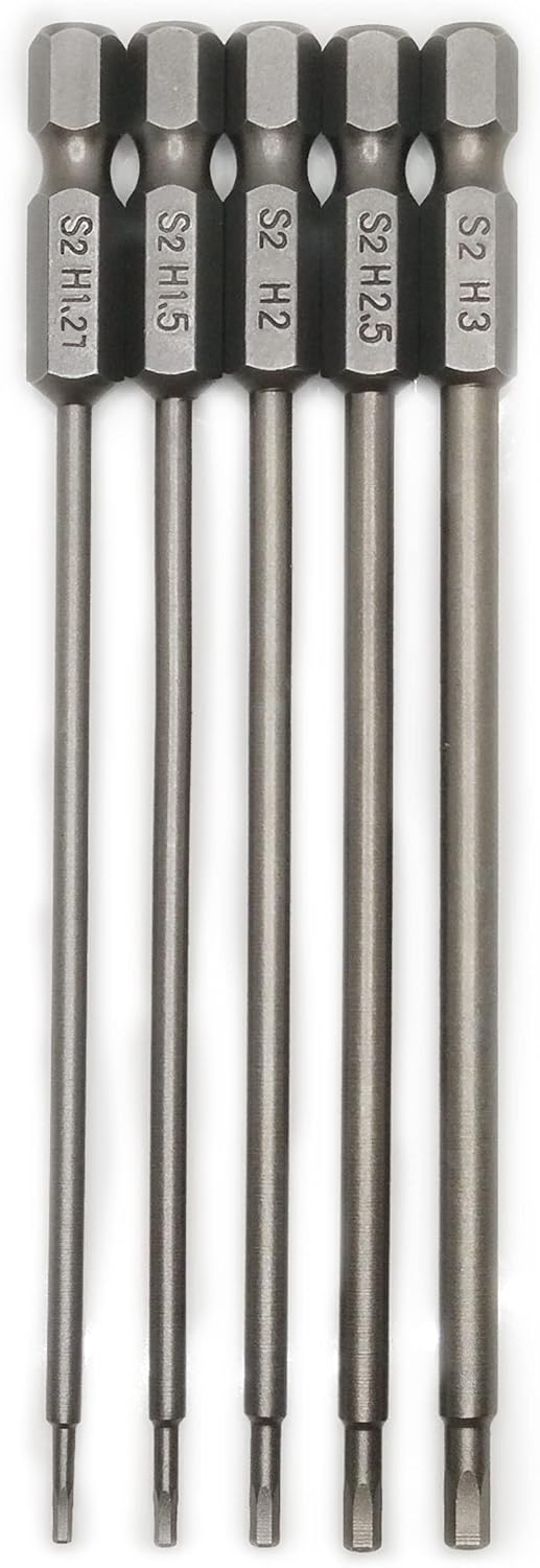1.27 1.5 2.0 2.5 3.0mm Hex Head Allen Wrench Drill Bit Set S2 Steel 1/4" Hex Shank 4.3" Long for Electric Screwgun/Power Drill RC Hobby Tools Kit (5-Pack)