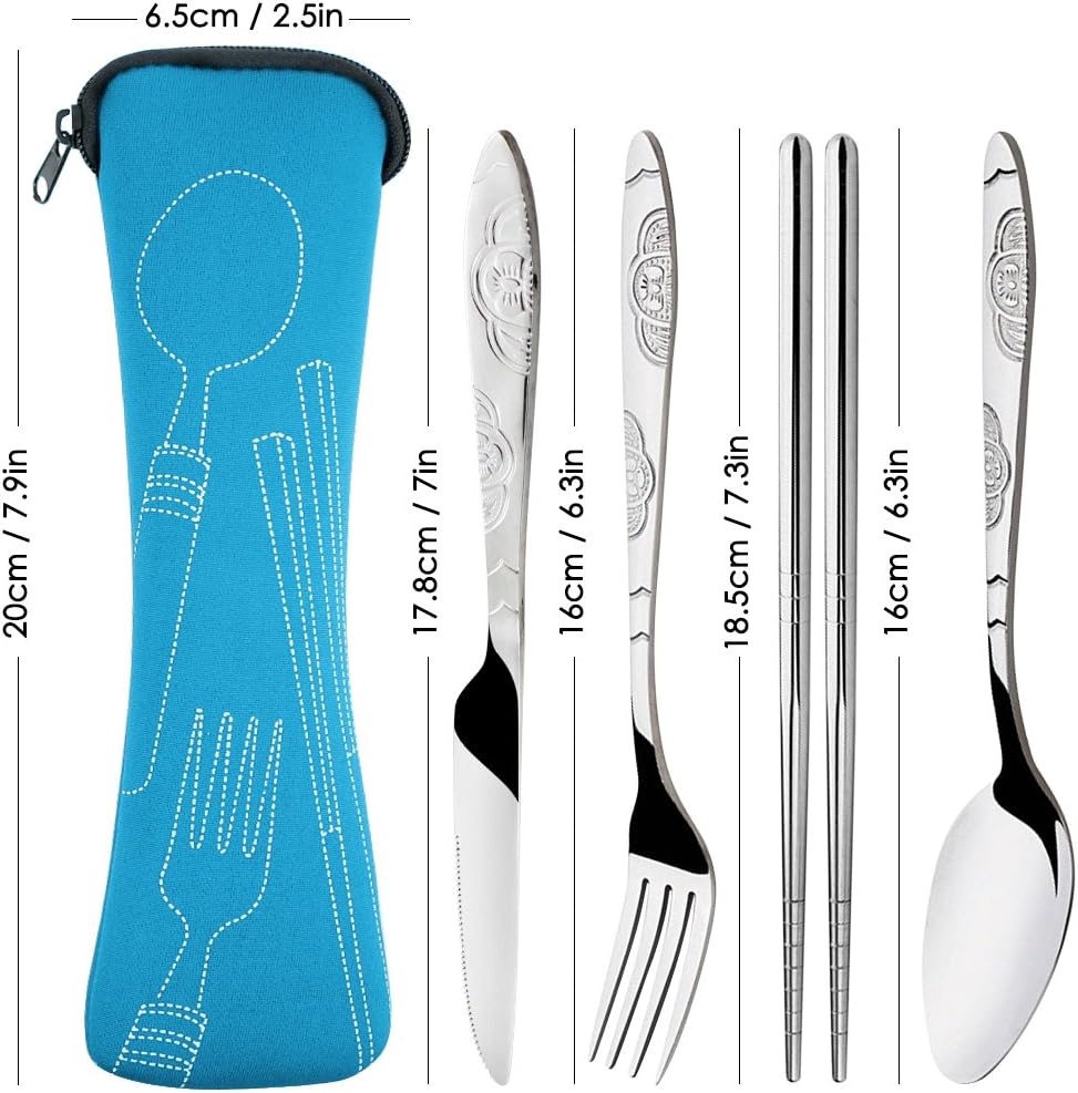 8 Pieces Flatware Sets Knife, Fork, Spoon, Chopsticks, SENHAI 2 Pack Rustproof Stainless Steel Tableware Dinnerware with Carrying Case for Traveling Camping Picnic Working Hiking(Orange,Light Blue)