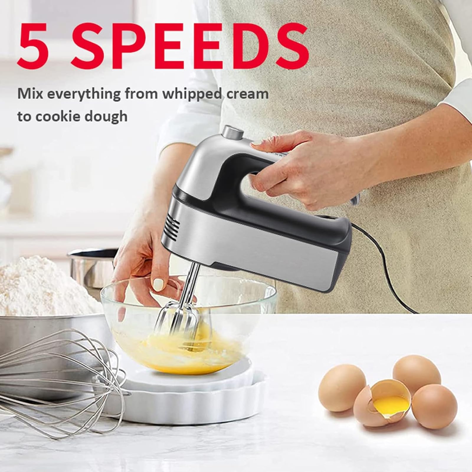 Frusta Elettrica per Impastare, 800 W, Funzione 5 velocità, Completamente Automatica, Include 2 Fruste in Acciaio Inossidabile E Ganci per Impastare, Professionale per La Cottura in Cucina