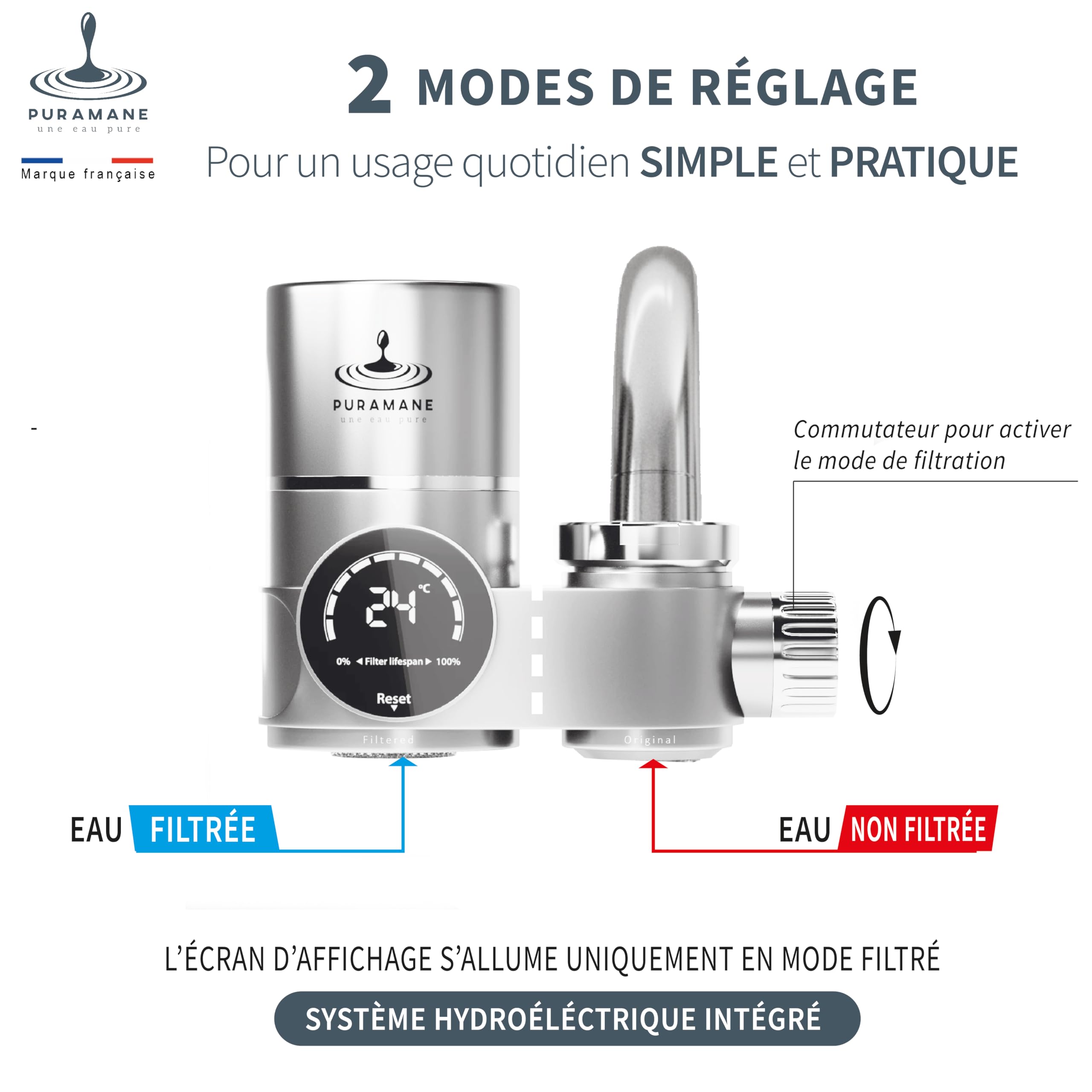 Marque Française: Filtre Eau Robinet Cuisine, Purificateur d'eau à Charbon Actif, Écran LED, Filtre à eau UV, Filtration instantanée Anti Calcaire, système avec une Cartouche Filtrante