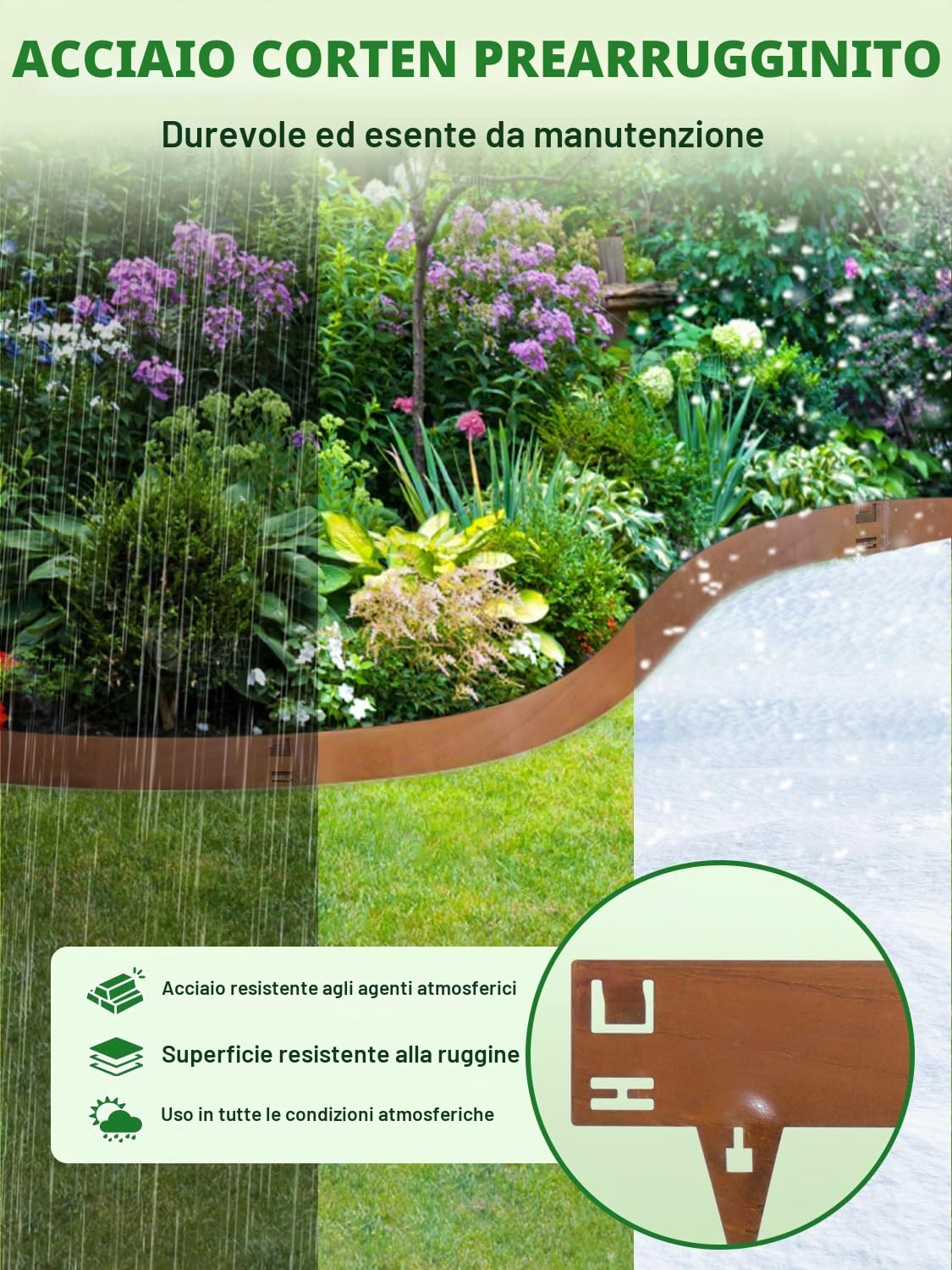Bordura per Aiuola,10 Pezzi 107.5cm Bordo Aiuole Flessibile,Lunghezza Totale 10.75m,Alta 16.5cm Bordure Aiuole,Bordura Corten per Giardino, Prato, Aiuola, Cemento
