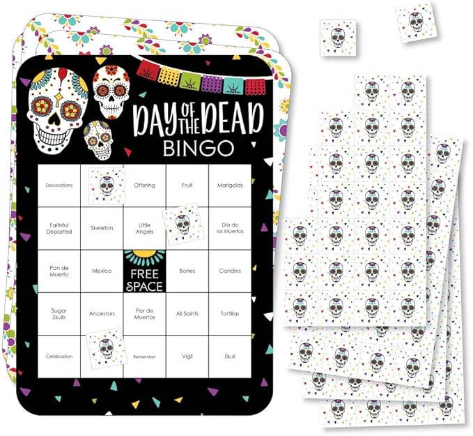Big Dot of Happiness Day of the Dead - Bingo Cards and Markers - Halloween Sugar Skull Party Bingo Game - Set of 18