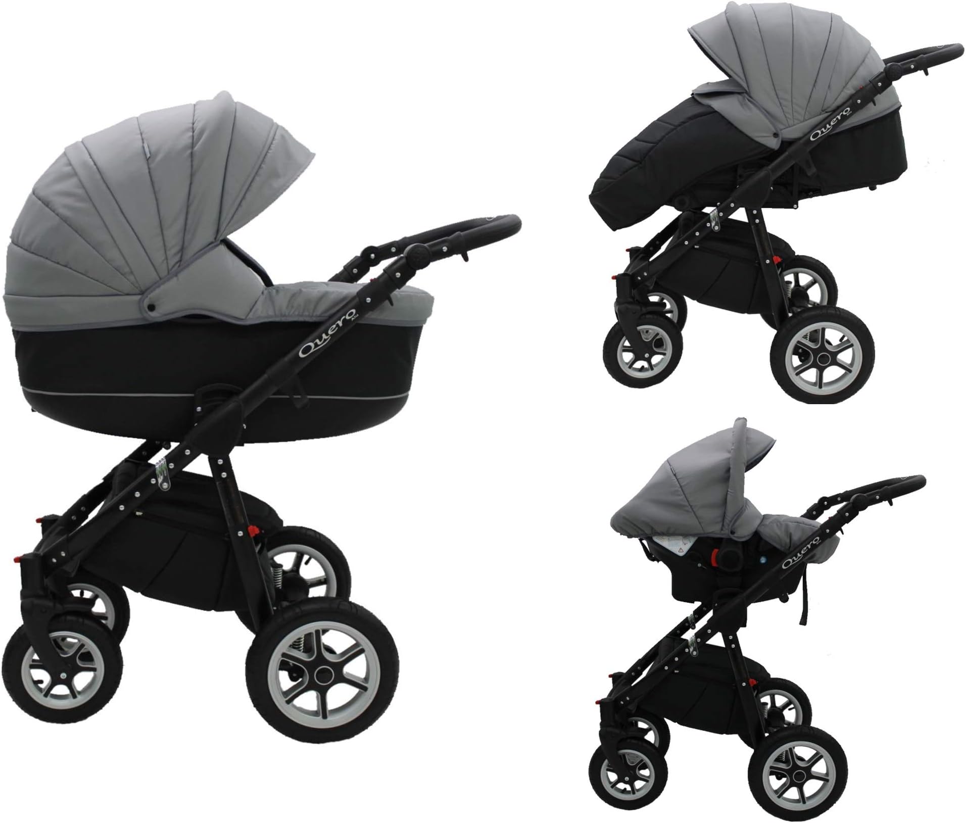 Quero, 3-in-1 Travel System with Baby Pram, Car Seat, Pushchair & Accessories (Grey & Black No. 14)