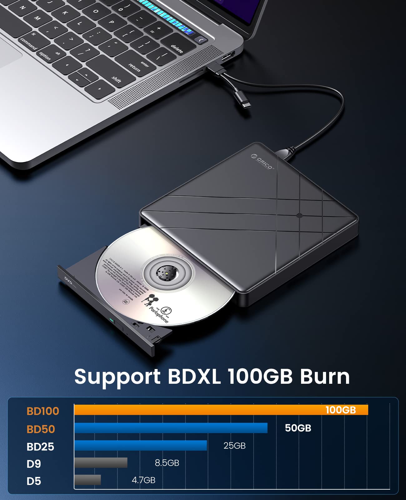 ORICO Unidad Externa de CD BLU-Ray DVD 100G portátil 6X Ultra HD 4K Bluray Burner con Cable Tipo C 2 en 1 - Graba Discos CD DVD BD DL BDXL (BRGU3-01)