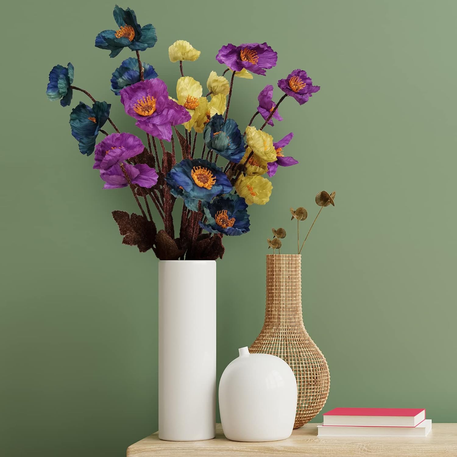 SNAIL GARDEN 24 Heads Artificial Poppy Anemones,3 Colors Long Stem Fake Silk Poppies Flower,6 Bundles Faux Corn Poppy Flowers for Garden Wedding Decor Table Centerpieces(Yellow Purple Blue)