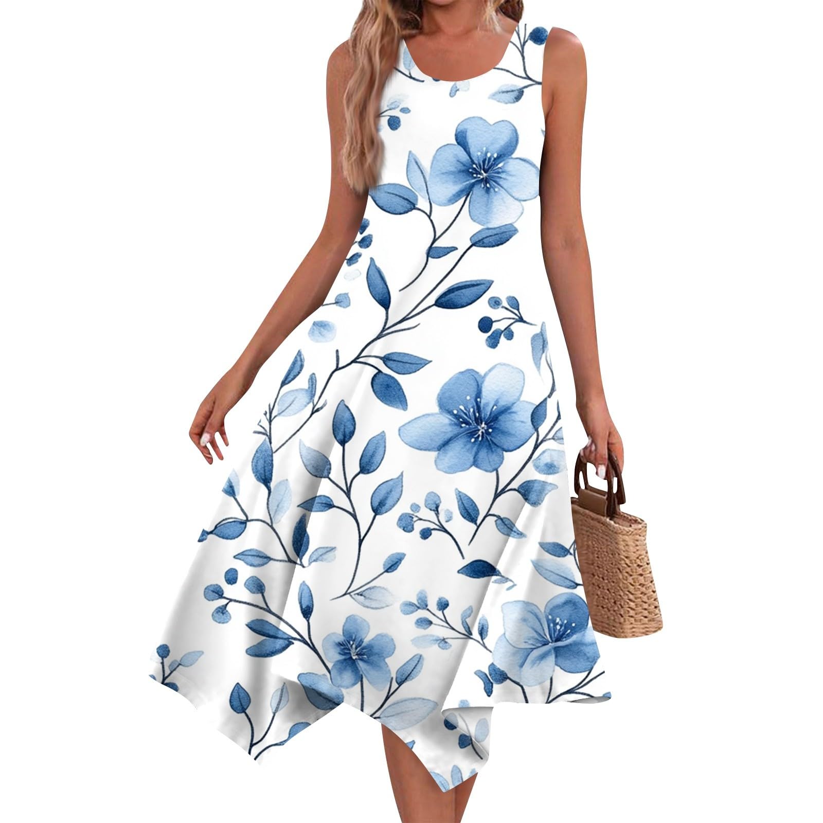 Sundresses for Women Summer Floral Sleeveless Tank Dress Flowy Swing Beach Vacation Garden Party Knee Length Dress
