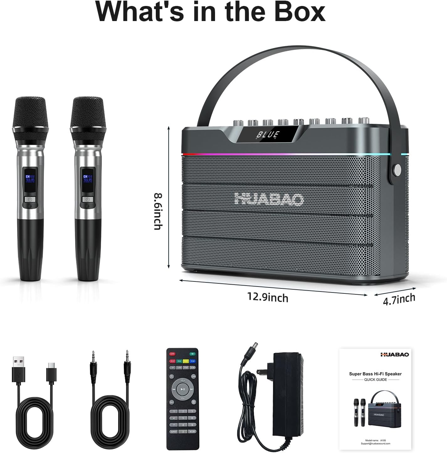 Contents of the HUABAO Karaoke Machine A105 box: speaker, two wireless microphones, remote control, adapter, AUX cable, and Type-C charging cable.