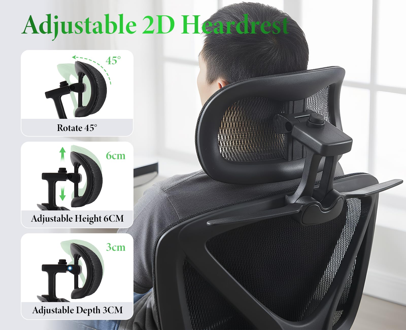 Bürostuhl ergonomisch, Schreibtischstuhl Atmungsaktiv, Schwarz | Drehstuhl Wippfunktion bis 135°, mit 3D verstellbare Armlehne, Fußstütze & Lendenwirbelstütze, Mesh-Stoff, für Home Office