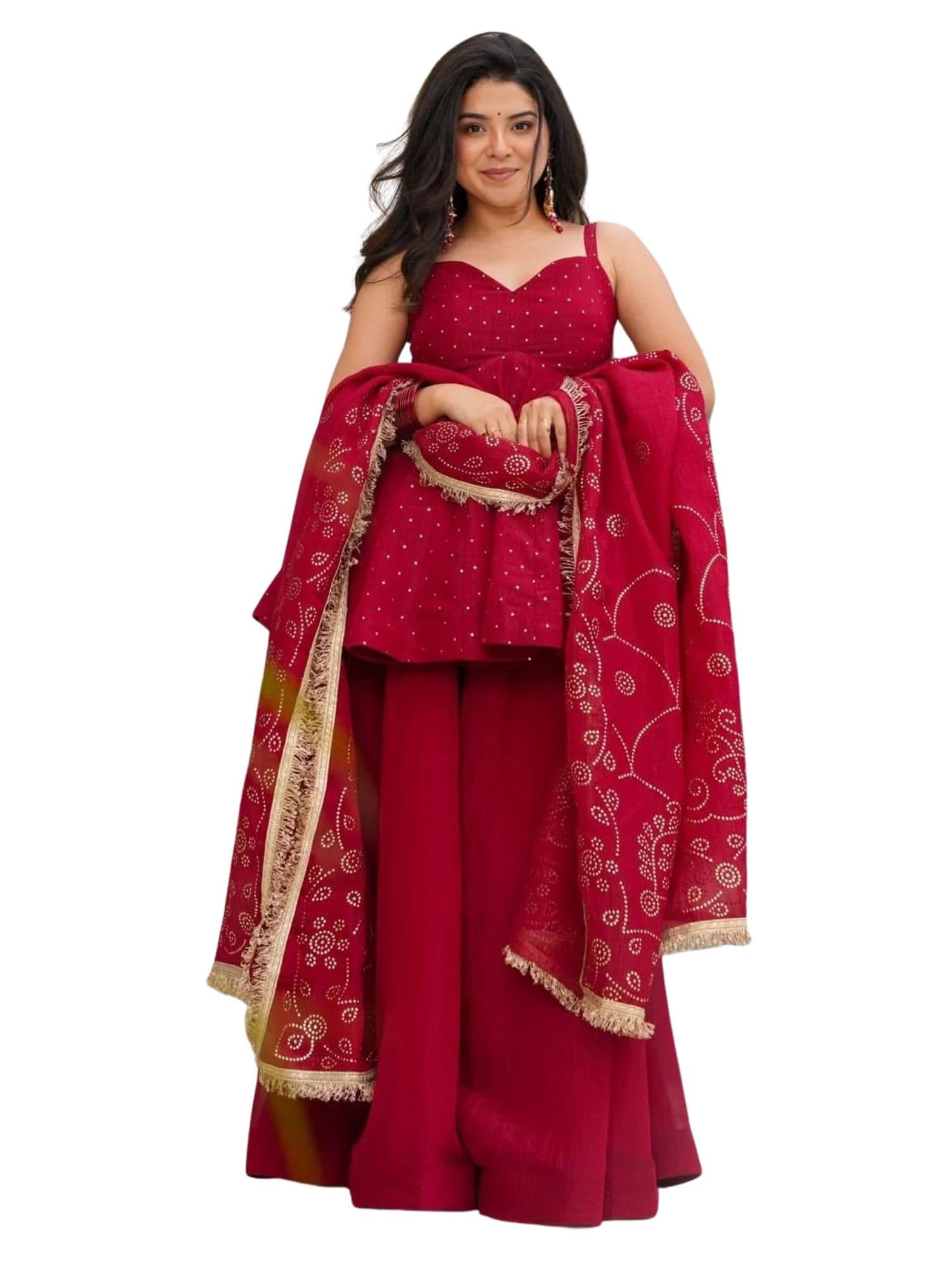 Women's Wine Red Crunchy Silk Sleeveless Sweetheart Neck Peplum Top with Sharara and Sequin Embroidered Dupatta Set | Red Sharara Set | Salwar Suit Set | Kurta Sets for Women-image-46