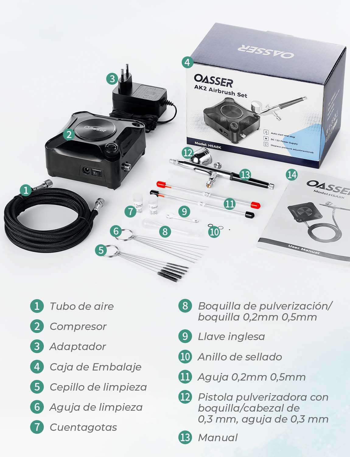 Oasser Kit Aerógrafo con Compresor Profesional Airbrush 36PSI Doble Acción Juego Pistola Regulación Voltaje Continua Modelos Decoración Tartas Uñas