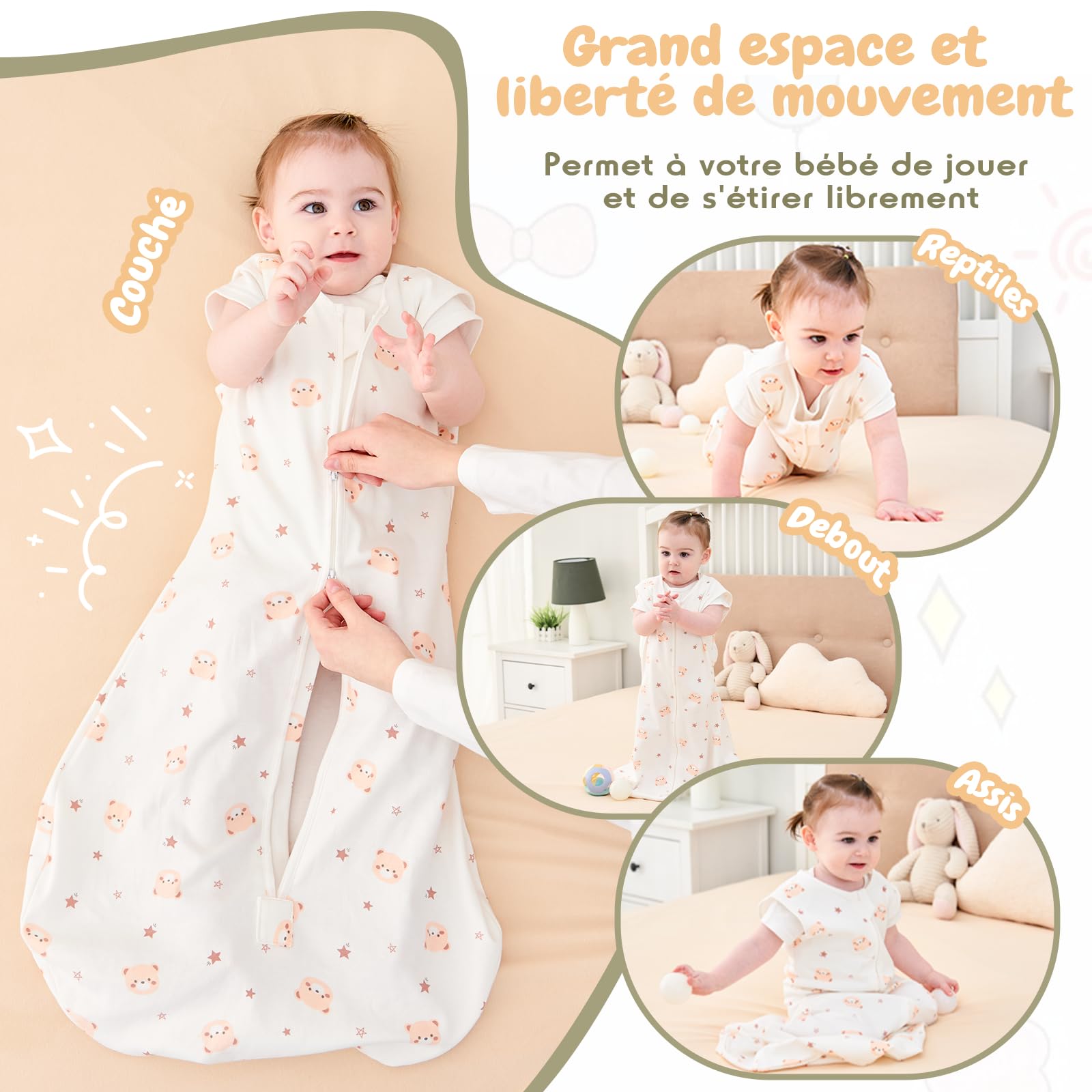 0.5 Tog Gigoteuse, 2Pcs Gigoteuse Ete pour Bébé, 100% Coton Turbulette Ete sans Manches Respirant Taille Réglable Gigoteuse pour Bébé 6-18 Mois (65 cm-85cm,2Pcs)