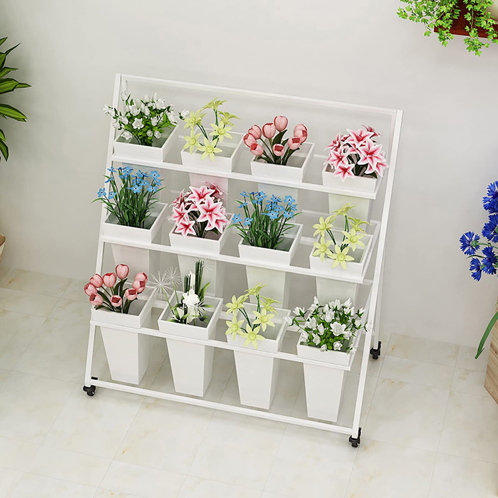 SnamicE Plant standIron Art Potted Plant Stand, with Wheels, 3 Tier Foldable Flower Stand, Planter Corner Shelf, Flower Pot Holder for Plant Display in Garden, Balcony, Terrace, O,