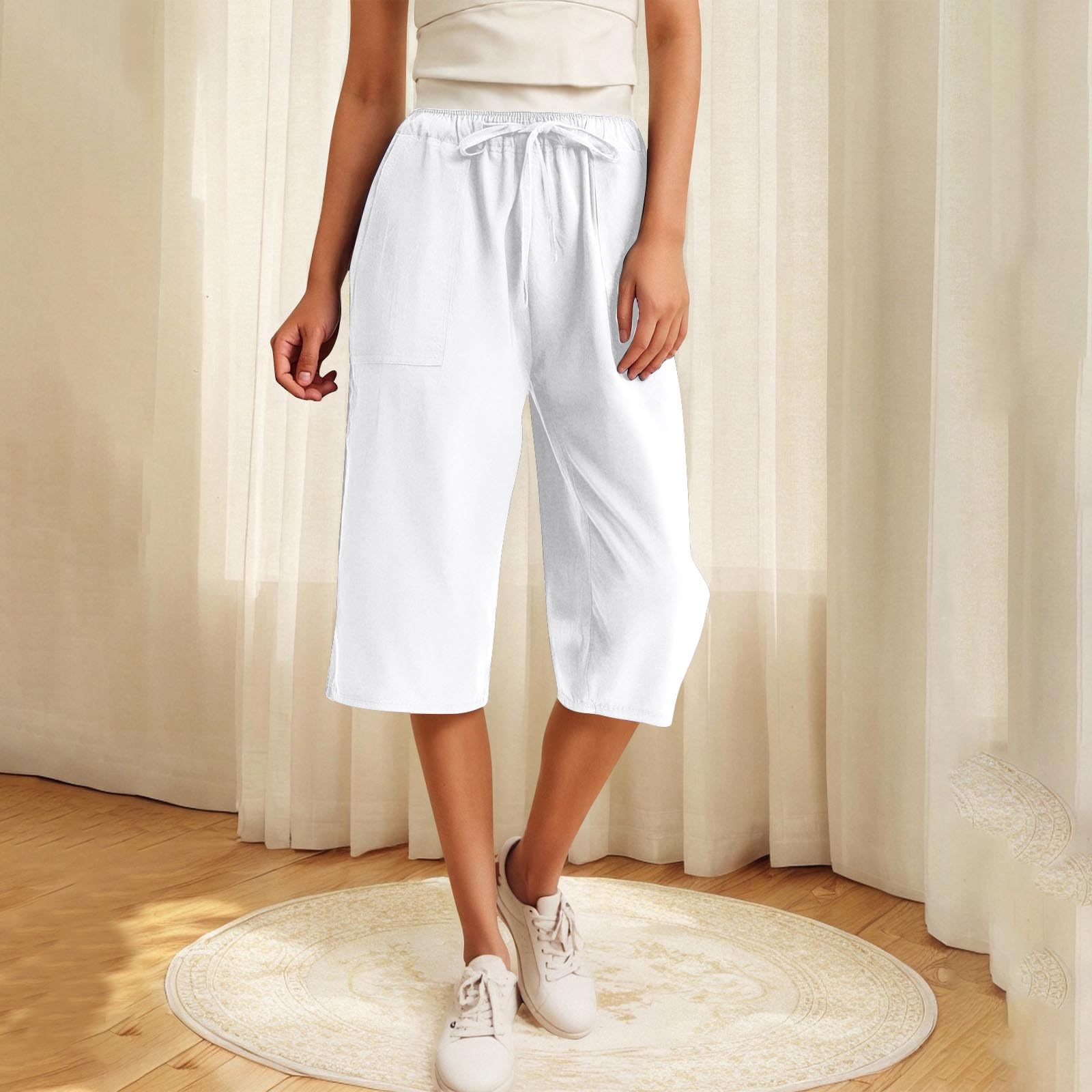 Womens Capri Pants Summer Wide Leg High Waisted Workout Yoga Pants Drawstring Casual Cropped Trousers with Pockets(White,Large)