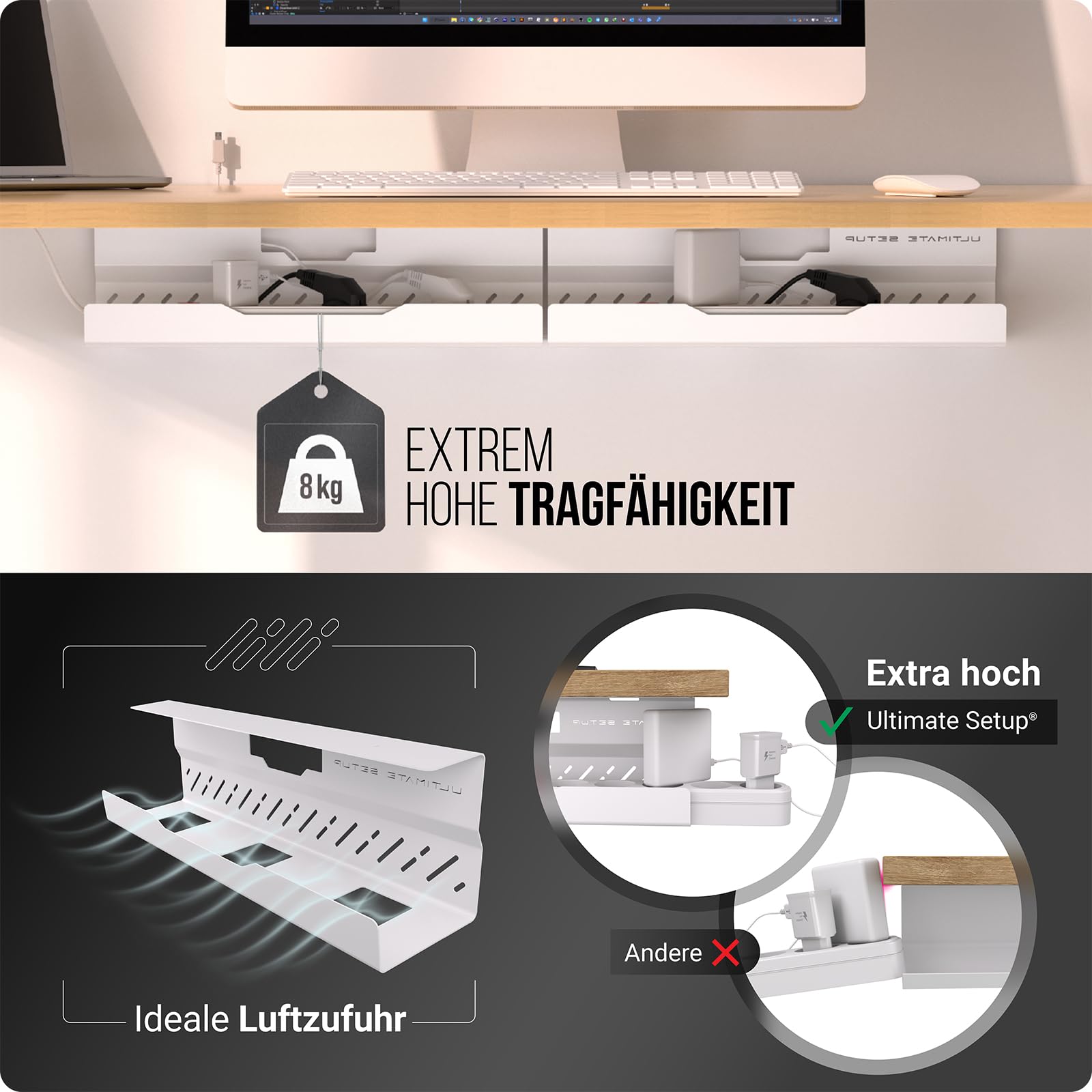 Premium Kabelkanal Schreibtisch – Ideales Schreibtisch Kabelmanagement, Kabelwanne, Tisch Kabelführung - Kabel Organizer – Kabelhalter Schreibtisch (Weiß, 2er Set)