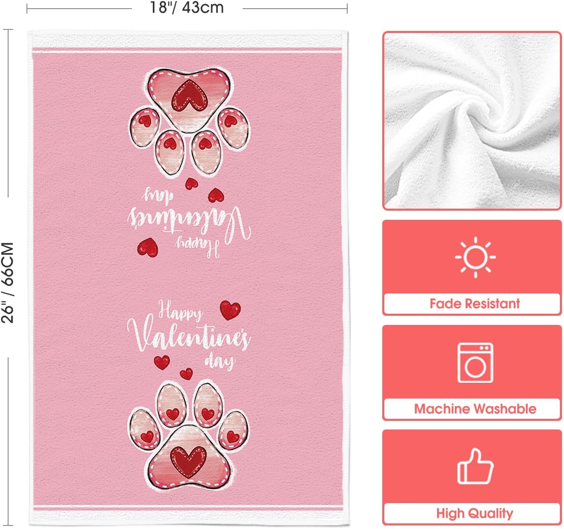 Artoid Mode Pink Cat Paw Print Love Heart Valentine's Kitchen Towels Dish Towels, 18x26 Inch Anniversary Wedding Decoration Cleaning Set of 2 - Image 2