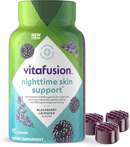 vitafusion Apoyo nocturno para la piel (1), suplemento de belleza con retinol (vitamina A RAE), colágeno y botánicos para dormir, sabor a lavanda y