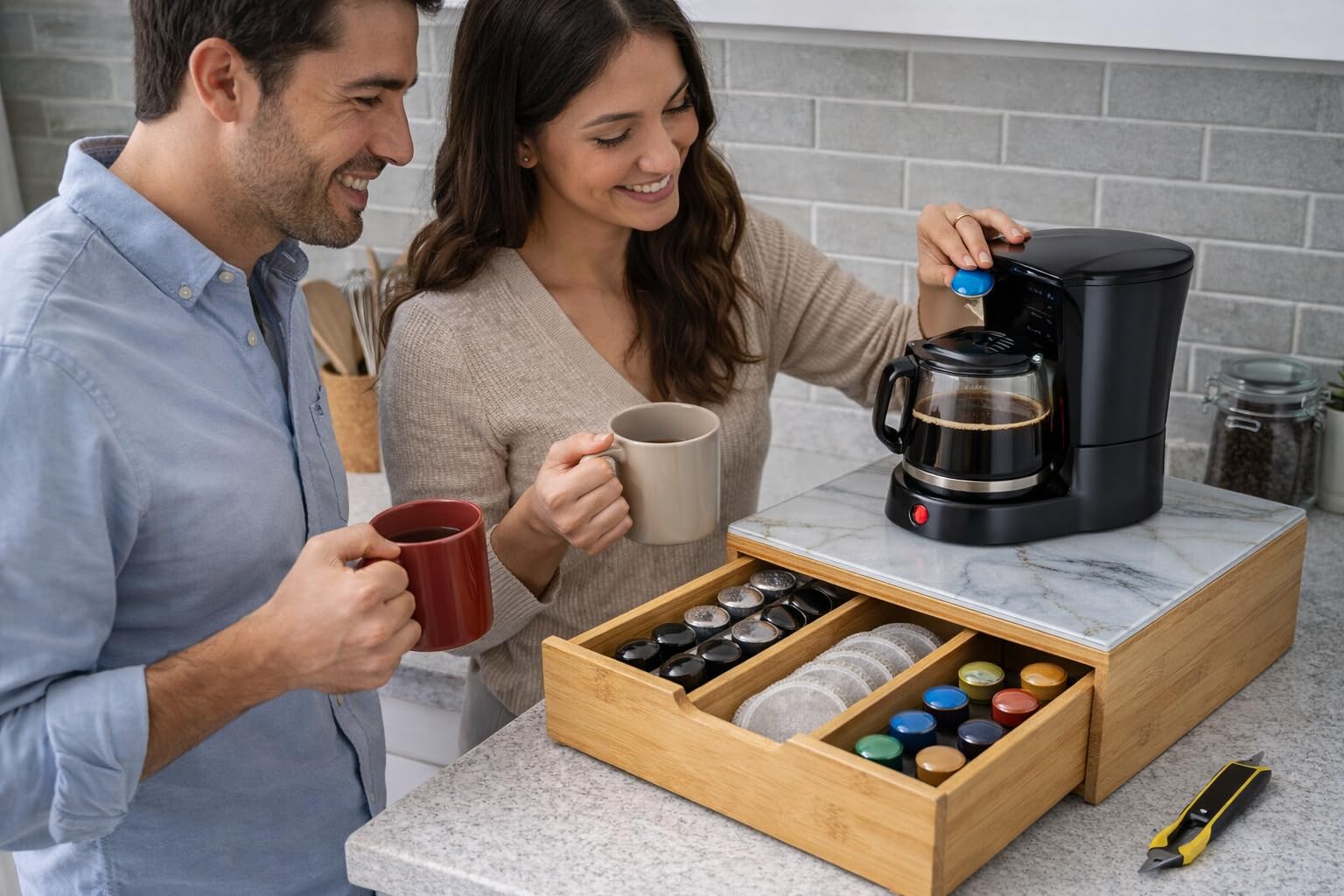 Porta Capsule Caffè con Cassetto in Bambù e Vetro Temperato Effetto Marmorizzato 30x30x10 cm - Supporto Macchina Caffè Salvaspazio