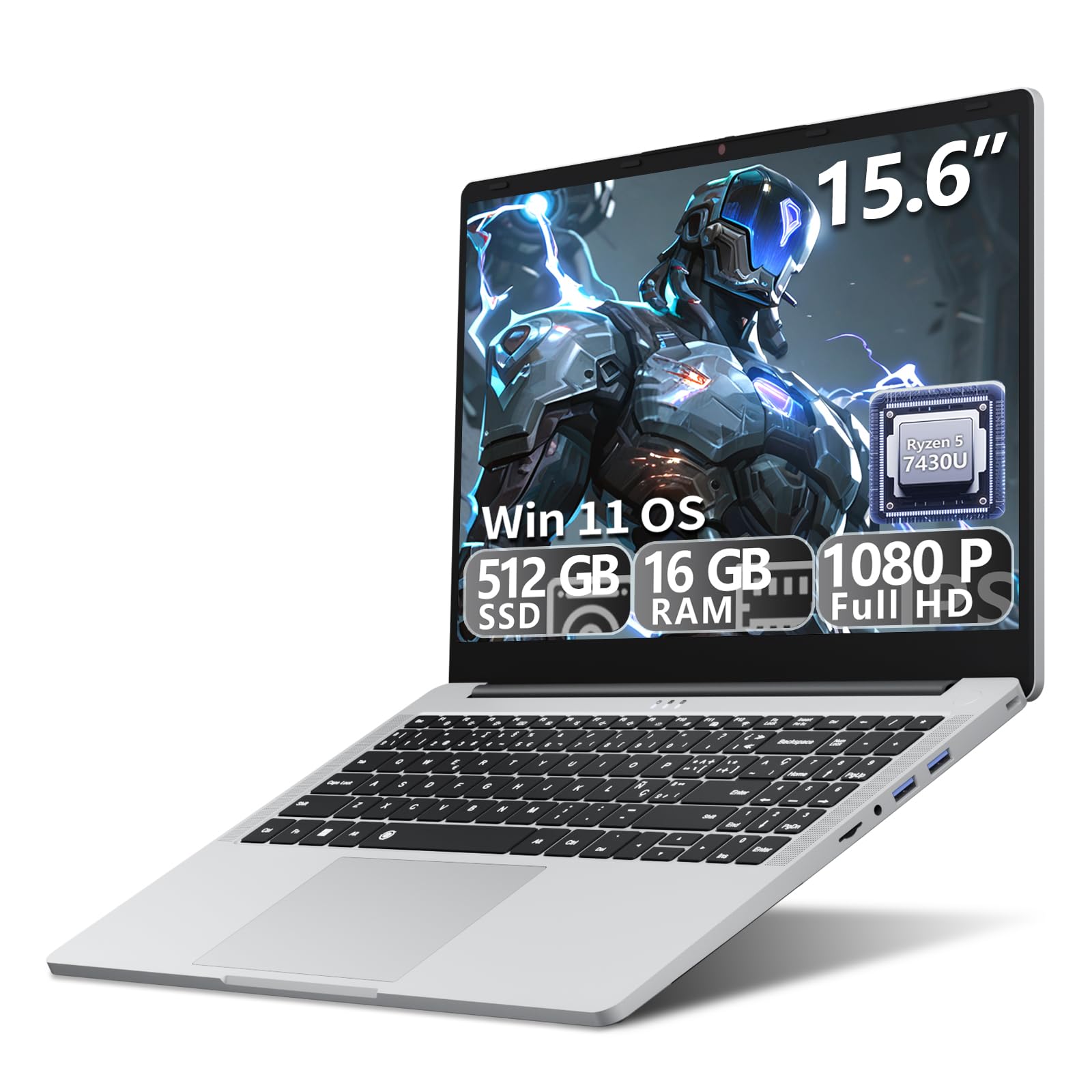 PC Portatile 15,6 Pollici Notebook Win 11 Ryzen 5 7430U (4.3GHz) Processore Grafica Radeon, 16GB DDR4 RAM 512GB SSD, Laptop Tastiera Retroilluminata USB 3.2 Type-C WiFi 6 BT 5.1 Computer Portatile
