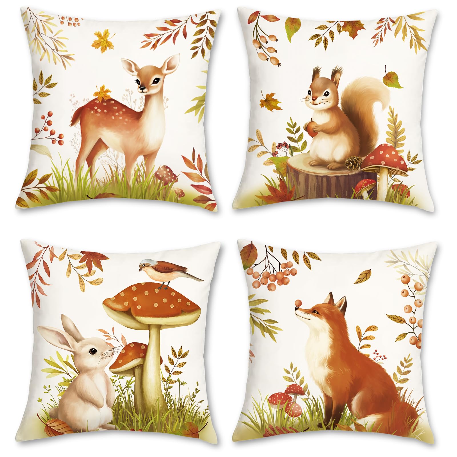 COZZSNUGE Fall Animals Throw Pillow Covers, Mushrooms Deer Squirrel Rabbit Fox Velvety Decorative Pillowcases for Sofa Bed Home Patio Set of 4, 18 x