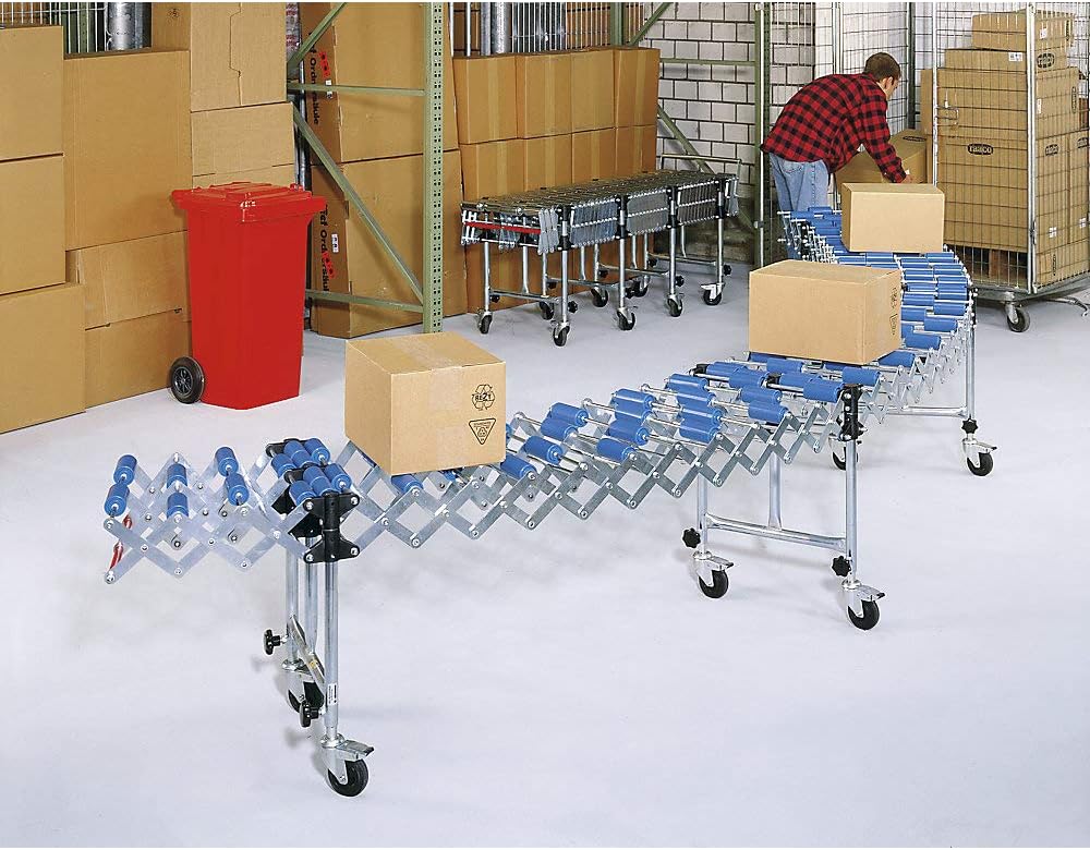 Gura Flexible roller conveyor, track length 2200 - 8000 mm (extendable), track width 600 mm.