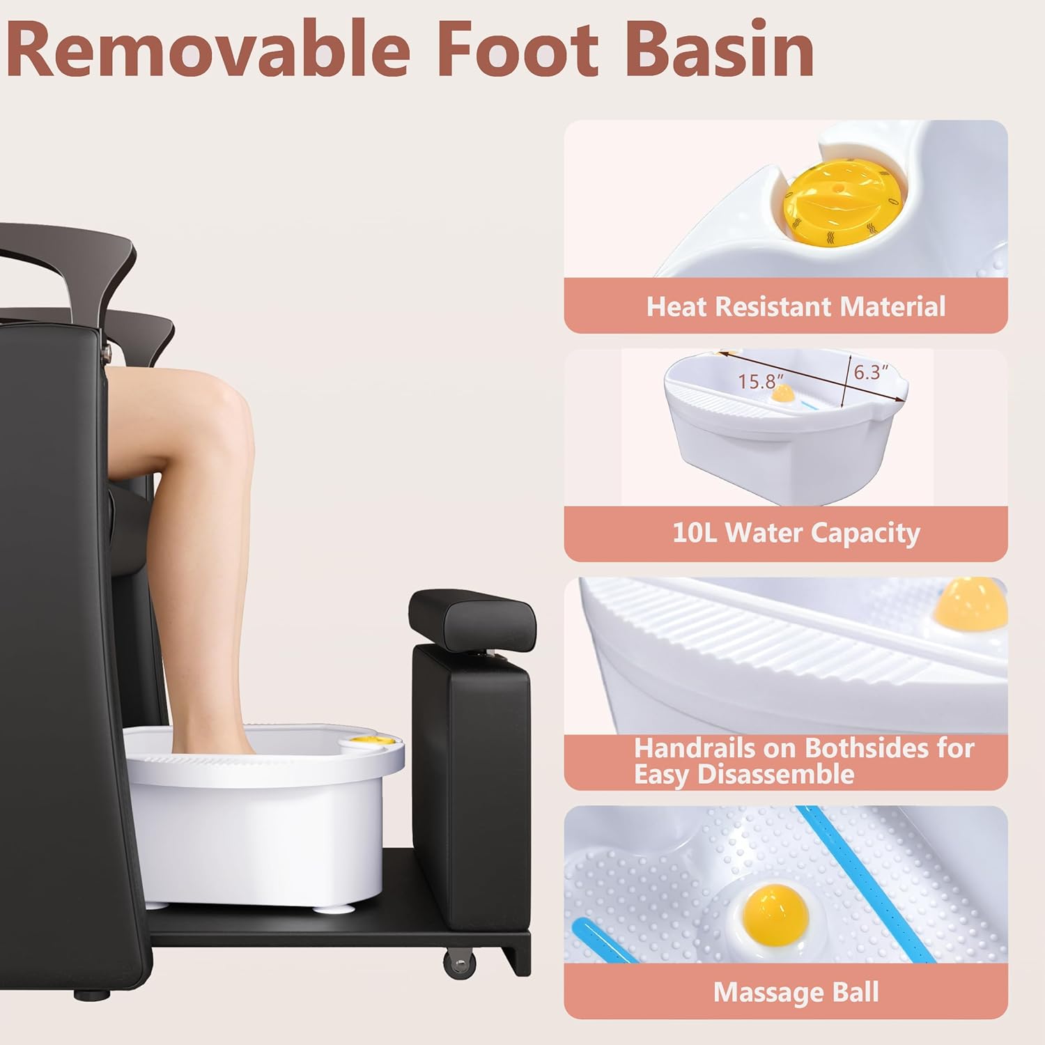 LOUVIXA Pedicure Station for Nail Tech, No Plumbing Pedicure Chair with Massage Pedicure Tub (Black-Black)