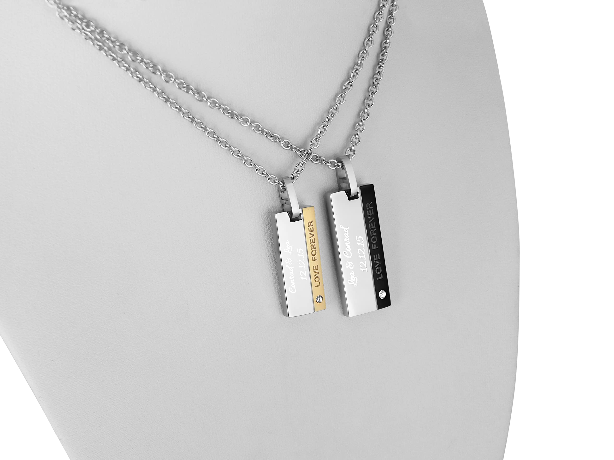 2 Stück Personalisierte Ketten mit Gravur Edelstahl 45-60 cm Dog Tag in silber/gold und silber schwarz - Halsketten Männer Frauen - Personalisierter Schmuck Damen Herren - Partner Ketten