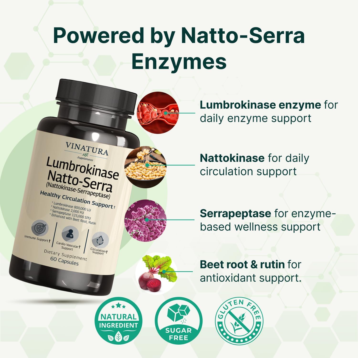 VINATURA Lumbrokinase, Nattokinase 2000FU & Serrapeptase - USA Made & Tested, Circulation Supplements of Nattokinase Serrapeptase (Natto-Serra), Rutin, Beetroot, Lumbrokinase Supplement - Image 4