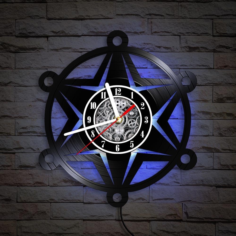 The Geeky Days Western Star Sheriff Badge Vinyl Record Nightlight Wall Clock for Law Enforcement Office Room Vintage Handicraft Music Album Luminous Wall Clock Deputy Police Officer Retirement Gifts