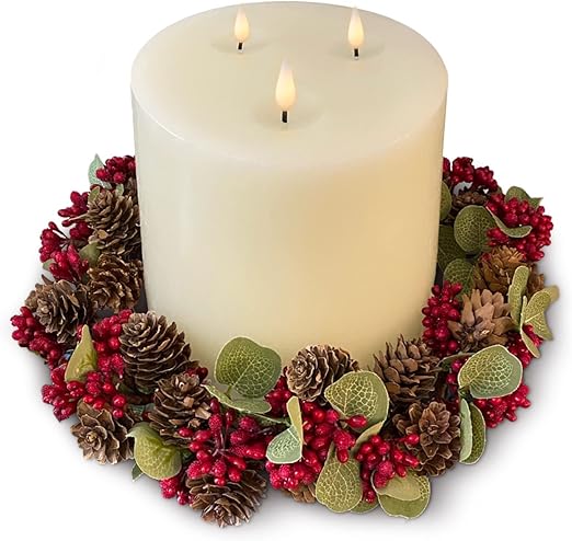 LampLust Winter Candle Rings Wreaths, Mini Wreath with Mini Pine Cones & Red Berries, Fits 6 in Pillar Candles, 3 Wick Candle Holder, Winter Table Decor, Winter Mantel Decor, Centerpiece for Tables