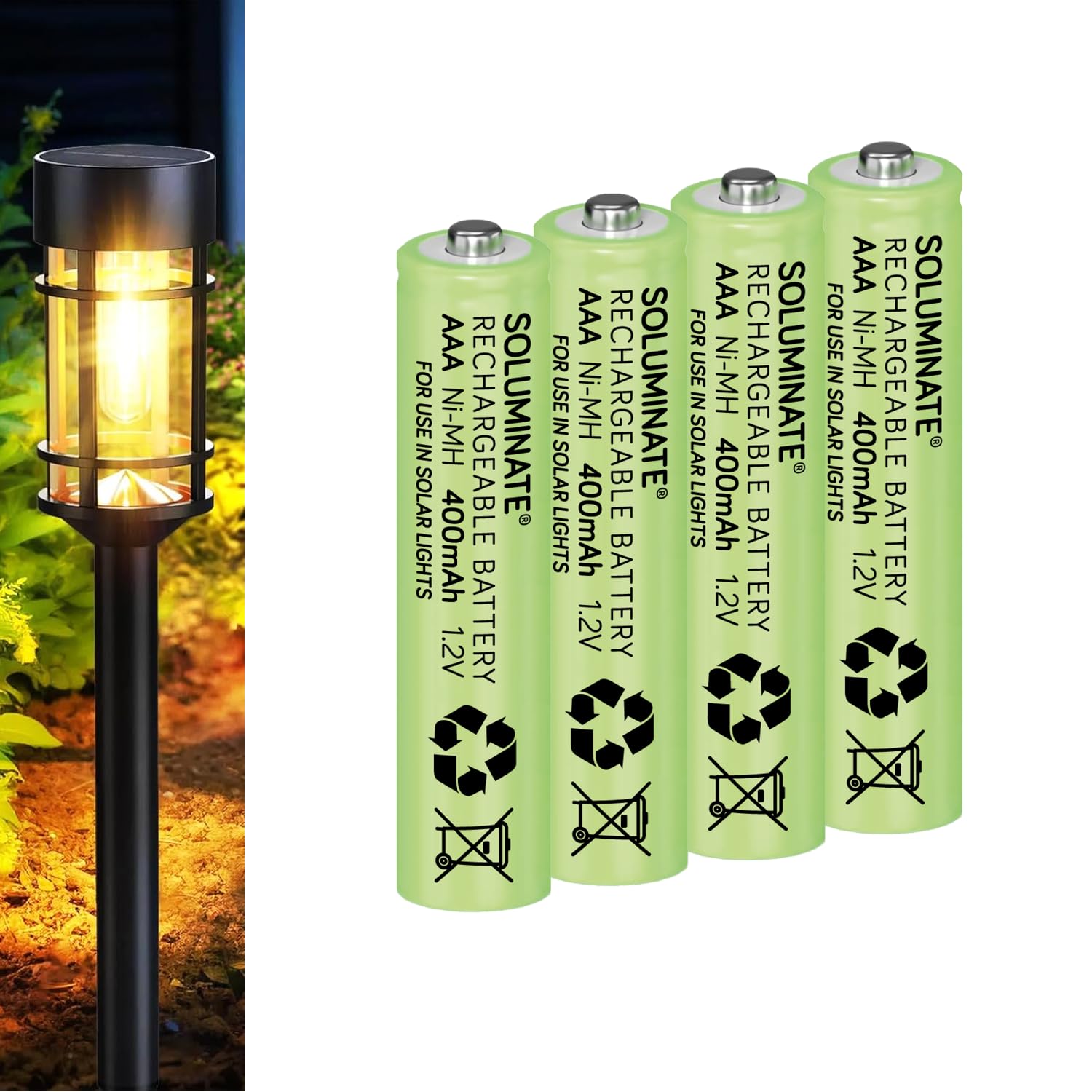 Soluminate 4 x ™ Solar Light Batteries AAA (400mAh) Rechargeable 1.2V Ni-MH for outdoor garden lights