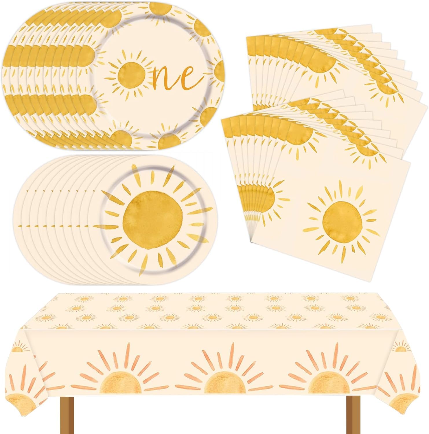 Wexifly Boho Sun Party Decorations for Birthday Sun Party Tableware Includes Bohemia Sunshine Plates Napkins Tablecloth | Serves 20 Sun Party Supplies