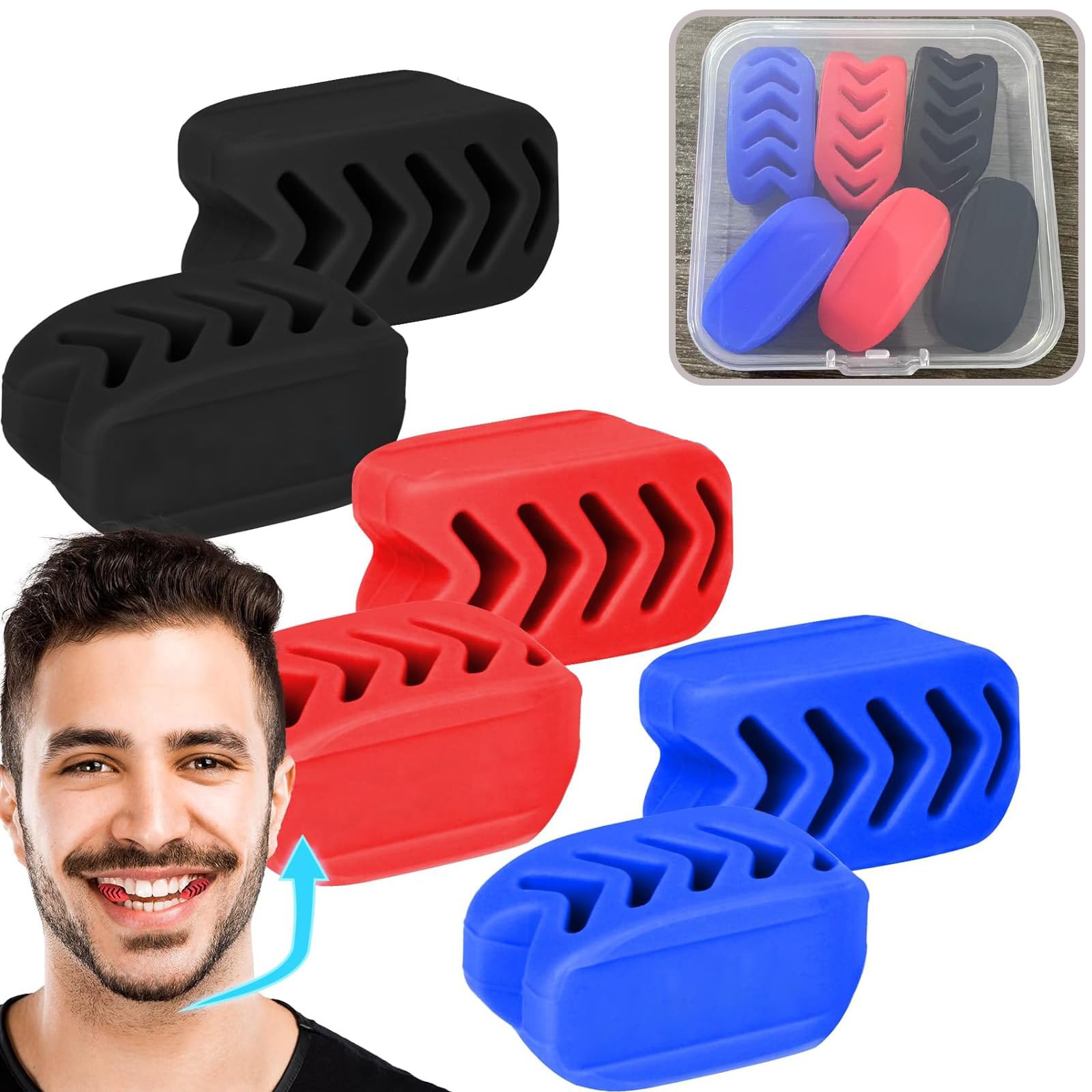 Jaw Exerciser, Jawline Trainer, Jawline Shaper, 6PCS Jaw Exerciser for Men & Women, 3 Resistance Levels Silicone Jawline Exerciser, Jaw Trainer Strengthener, Blue+Red+Black