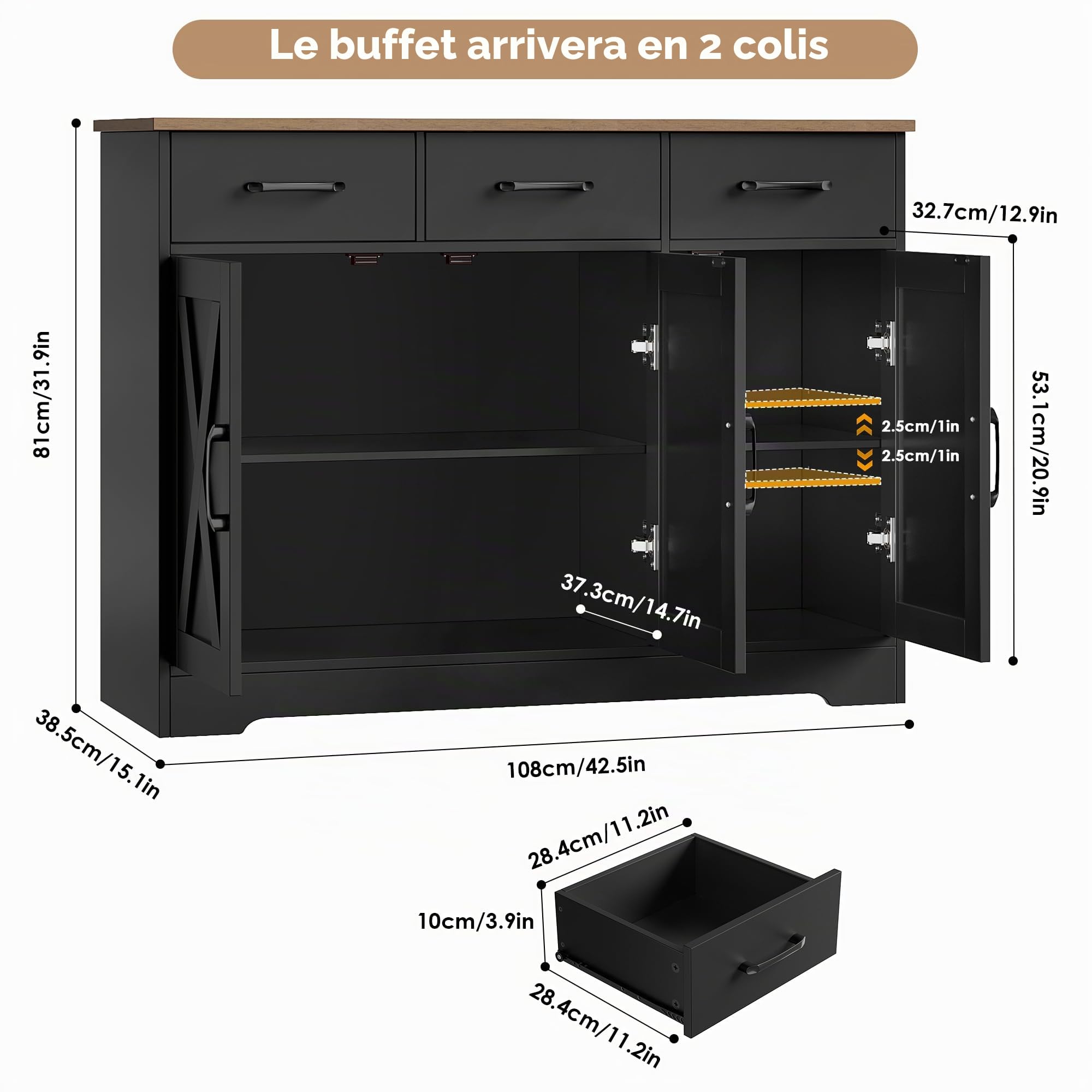HOCSOK Buffet de cuisine avec 3 tiroirs et 3 portes, armoire de rangement en bois pour cuisine, salon, salle à manger, couloir, noir et marron