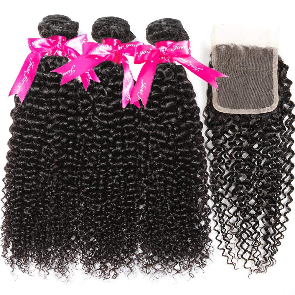 Kinky Curly Human Hair Bundles with Closure Grade 10A Virgin Unprocessed Brazilian Curly Hair 3 Bundles with Closure Free Part(16 18 20 with 14" closure) - Image 2