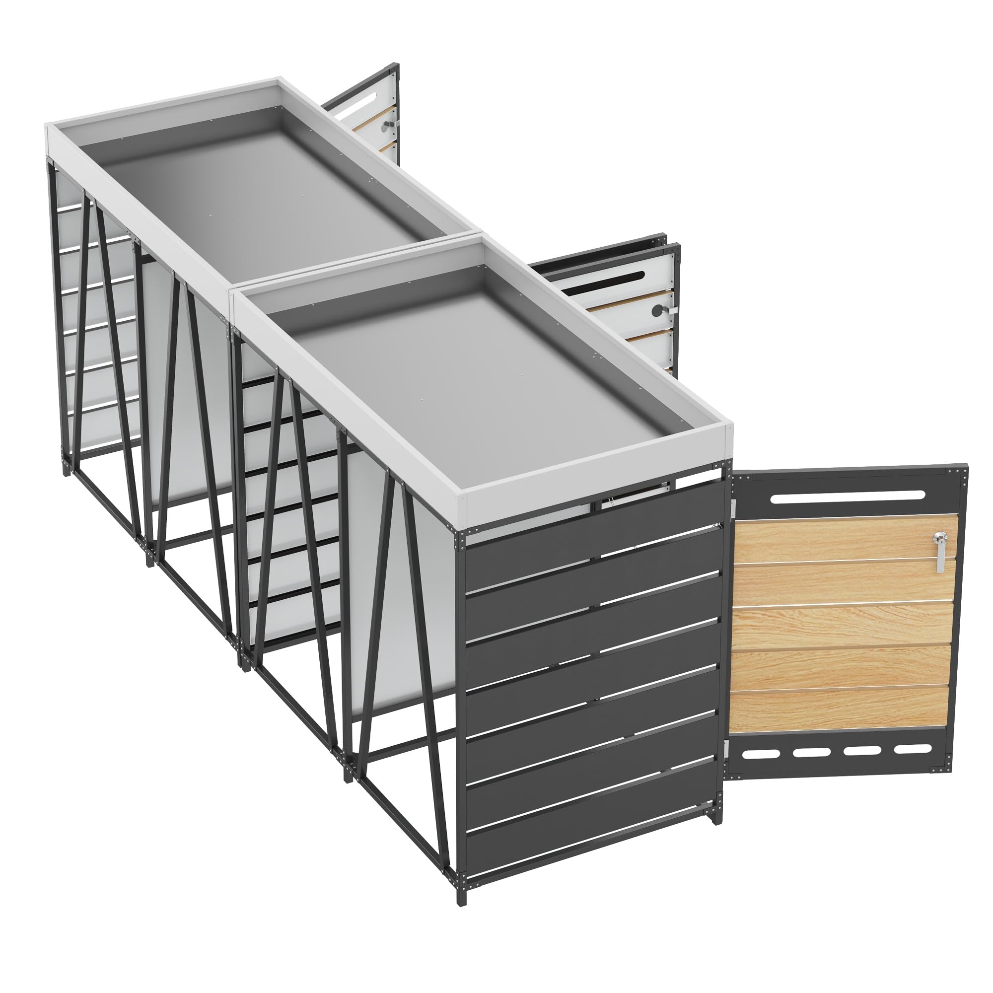 Merax Caja de almacenamiento para cubos de basura de 4 puertas, con jardinera, armario de almacenamiento de hierro para jardín con ventilación de agujeros largos, revestimiento para cubos de basura