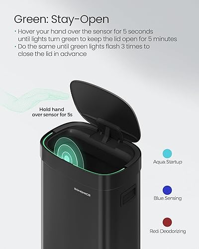 Miniatura 4 de SONGMICS Bote de basura para cocina, 17.2 galones (65 L) con sensor de movimiento, cubo de basura de acero inoxidable, control de olores a ozono,
