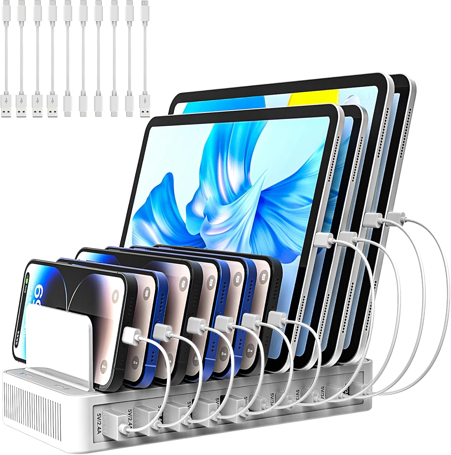Charging Station for Multiple Devices, 100W 10 Ports Flat Plug Charging Dock with 10 Cables Smart IC Tech and Adjustable Dividers Type-C?Multi USB Charger for iPhone Galaxy iPad Tablet?White 100W10Port White(Short Cables included)