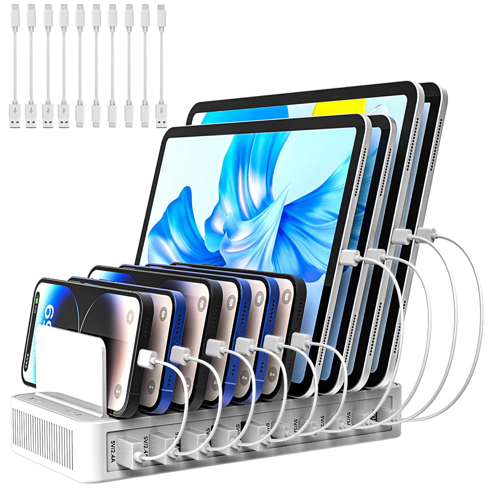 RISWOJOR Charging Station for Multiple Devices, 100W 10 Ports Flat Plug Charging Dock with 10 Cables Smart IC Tech and Adjustable Dividers Type-C,Multi USB Charger for iPhone Galaxy iPad Tablet,White